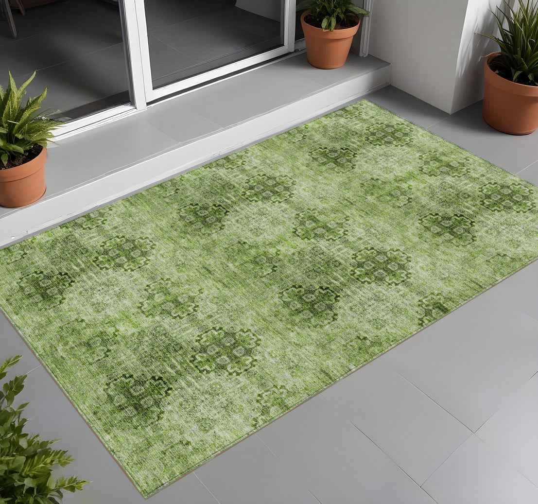 2' X 3' Olive Green Floral Medallion Washable Non Skid Indoor Outdoor Area Rug