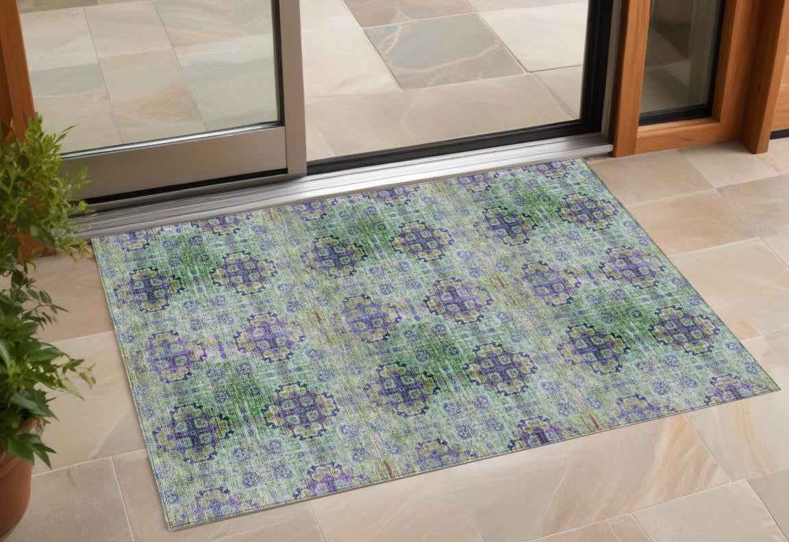 3' X 5' Purple and Green Floral Medallion Washable Non Skid Indoor Outdoor Area Rug