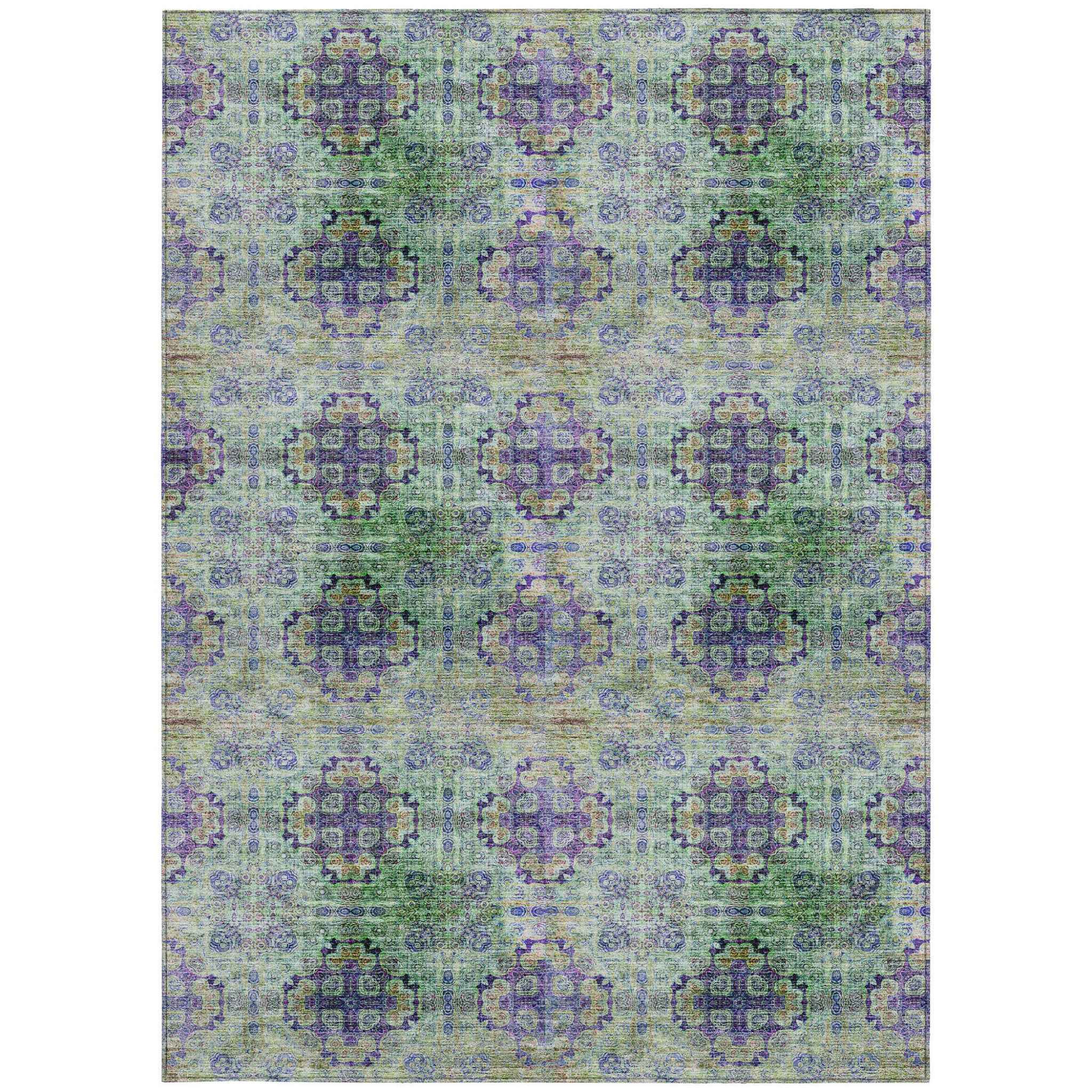 3' X 5' Purple and Green Floral Medallion Washable Non Skid Indoor Outdoor Area Rug