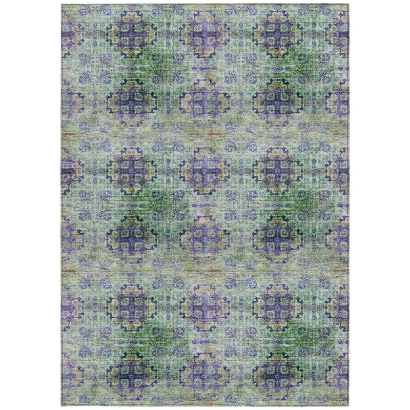 3' X 5' Purple and Green Floral Medallion Washable Non Skid Indoor Outdoor Area Rug
