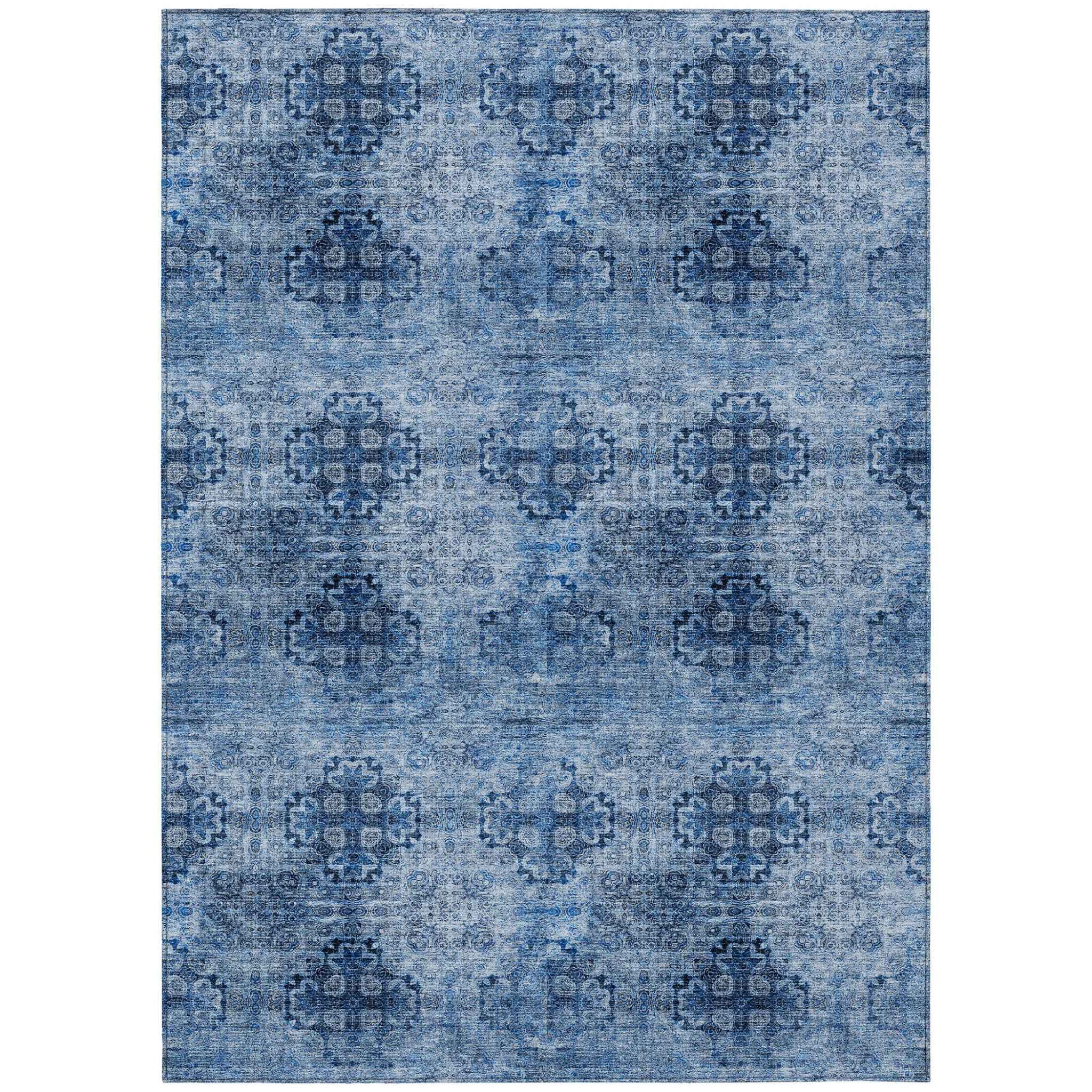 2' X 3' Navy Blue Floral Medallion Washable Non Skid Indoor Outdoor Area Rug