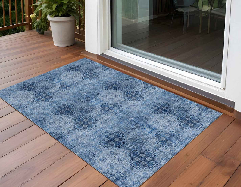 2' X 3' Navy Blue Floral Medallion Washable Non Skid Indoor Outdoor Area Rug