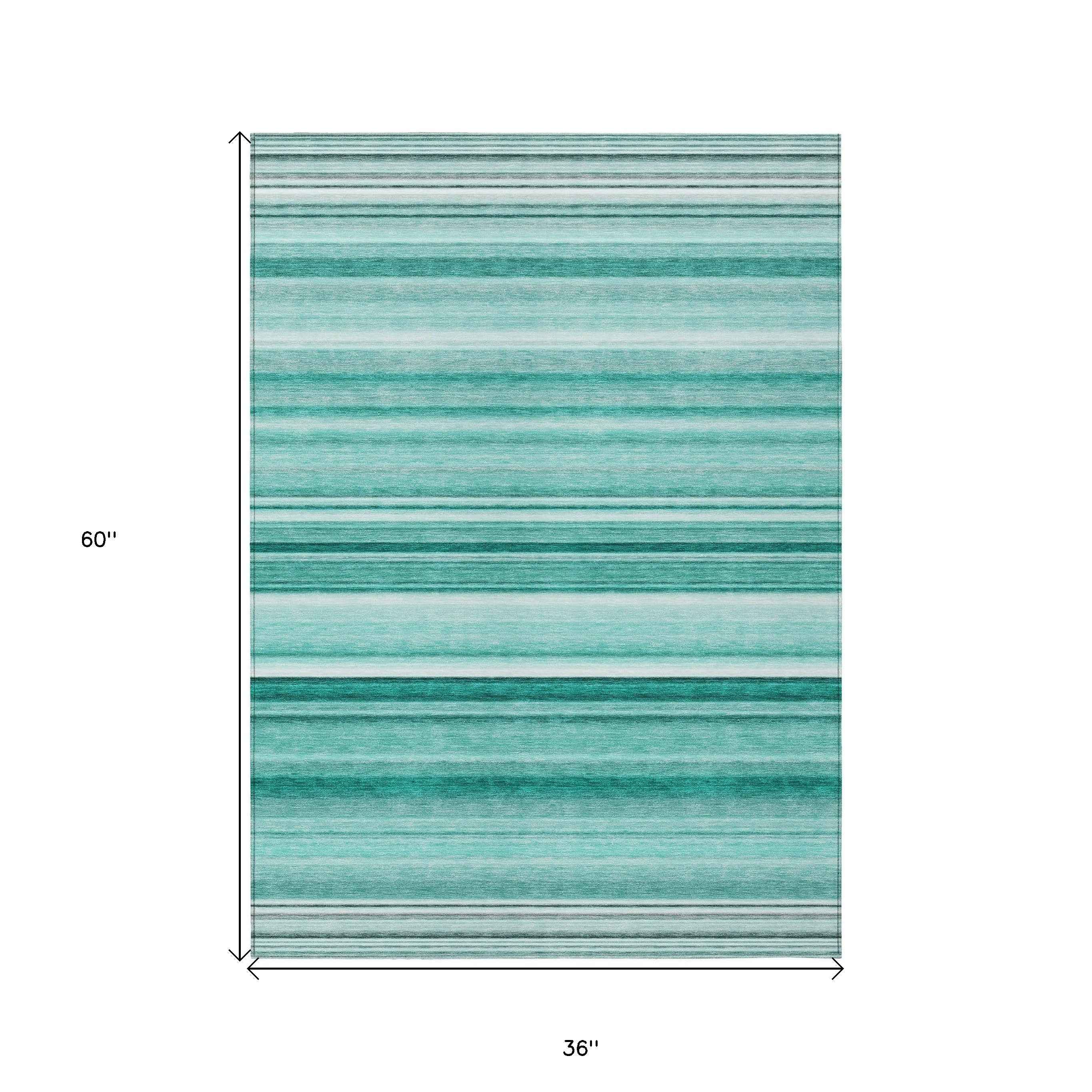 3' X 5' Aqua Striped Washable Indoor Outdoor Area Rug