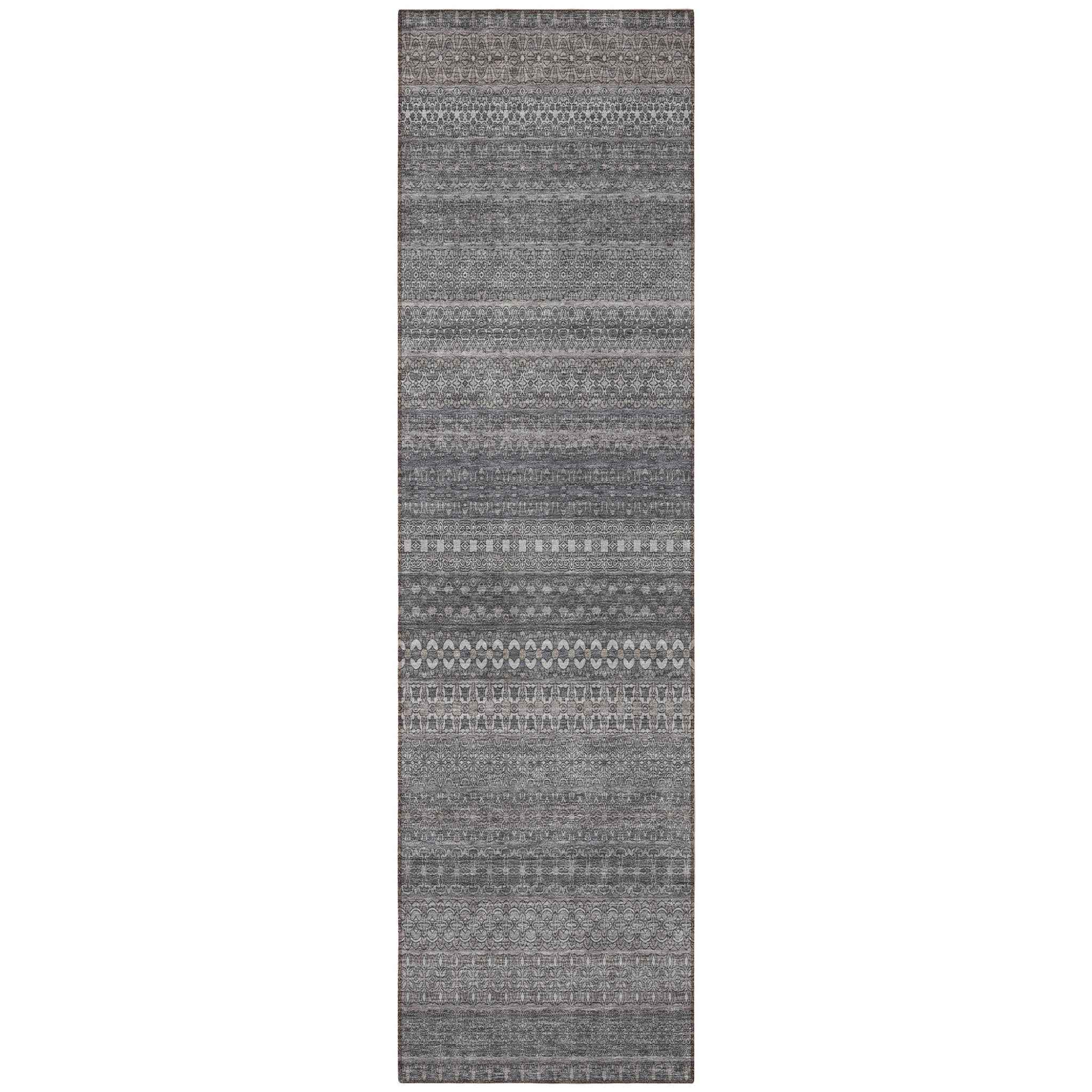 2' X 8' Gray Striped Washable Indoor Outdoor Runner Rug
