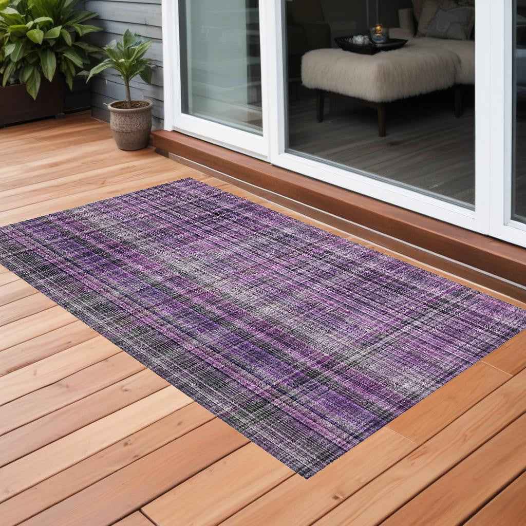 3' X 5' Purple and Gray Plaid Washable Non Skid Indoor Outdoor Area Rug