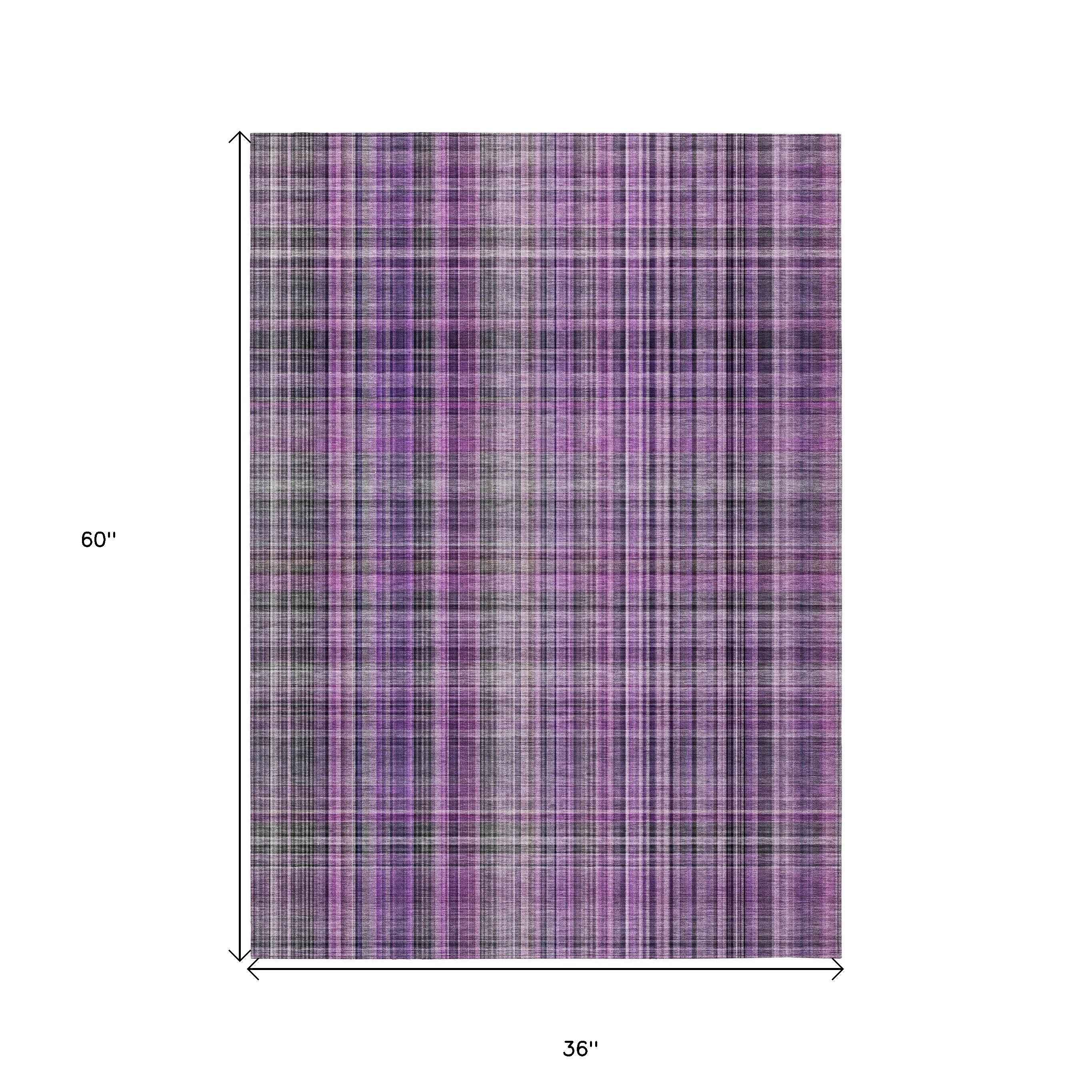 3' X 5' Purple and Gray Plaid Washable Non Skid Indoor Outdoor Area Rug