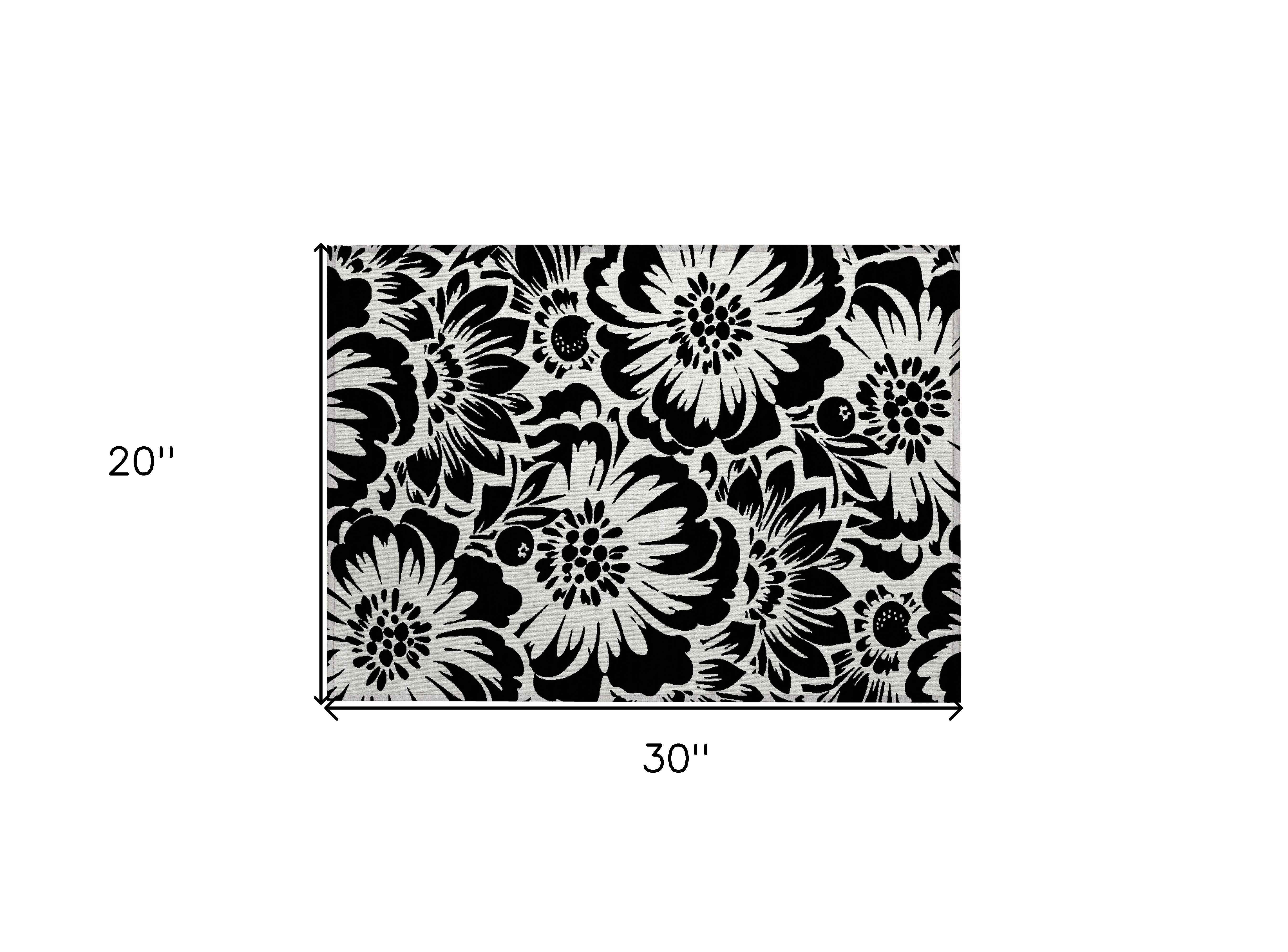 2' X 3' Black and Ivory Floral Washable Non Skid Indoor Outdoor Area Rug