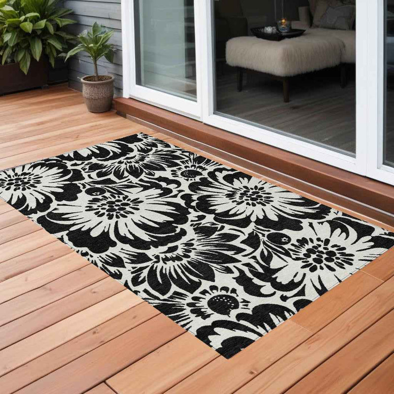 2' X 3' Black and Ivory Floral Washable Non Skid Indoor Outdoor Area Rug