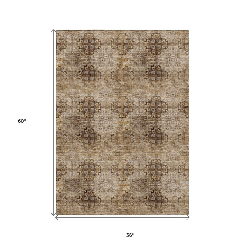 3' X 5' Taupe Floral Medallion Washable Non Skid Indoor Outdoor Area Rug