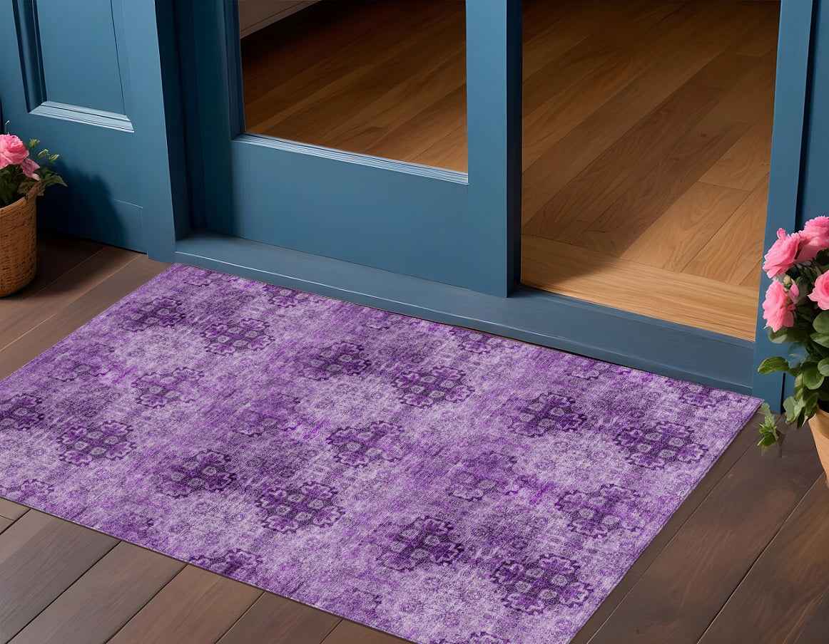 2' X 3' Eggplant Floral Medallion Washable Non Skid Indoor Outdoor Area Rug