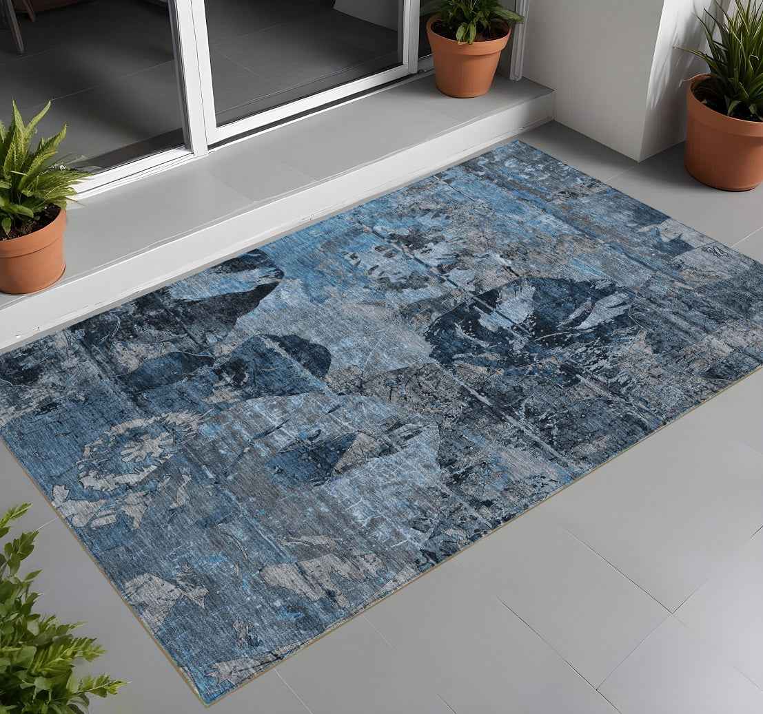 3' X 5' Blue and Dark Blue Abstract Washable Indoor Outdoor Area Rug