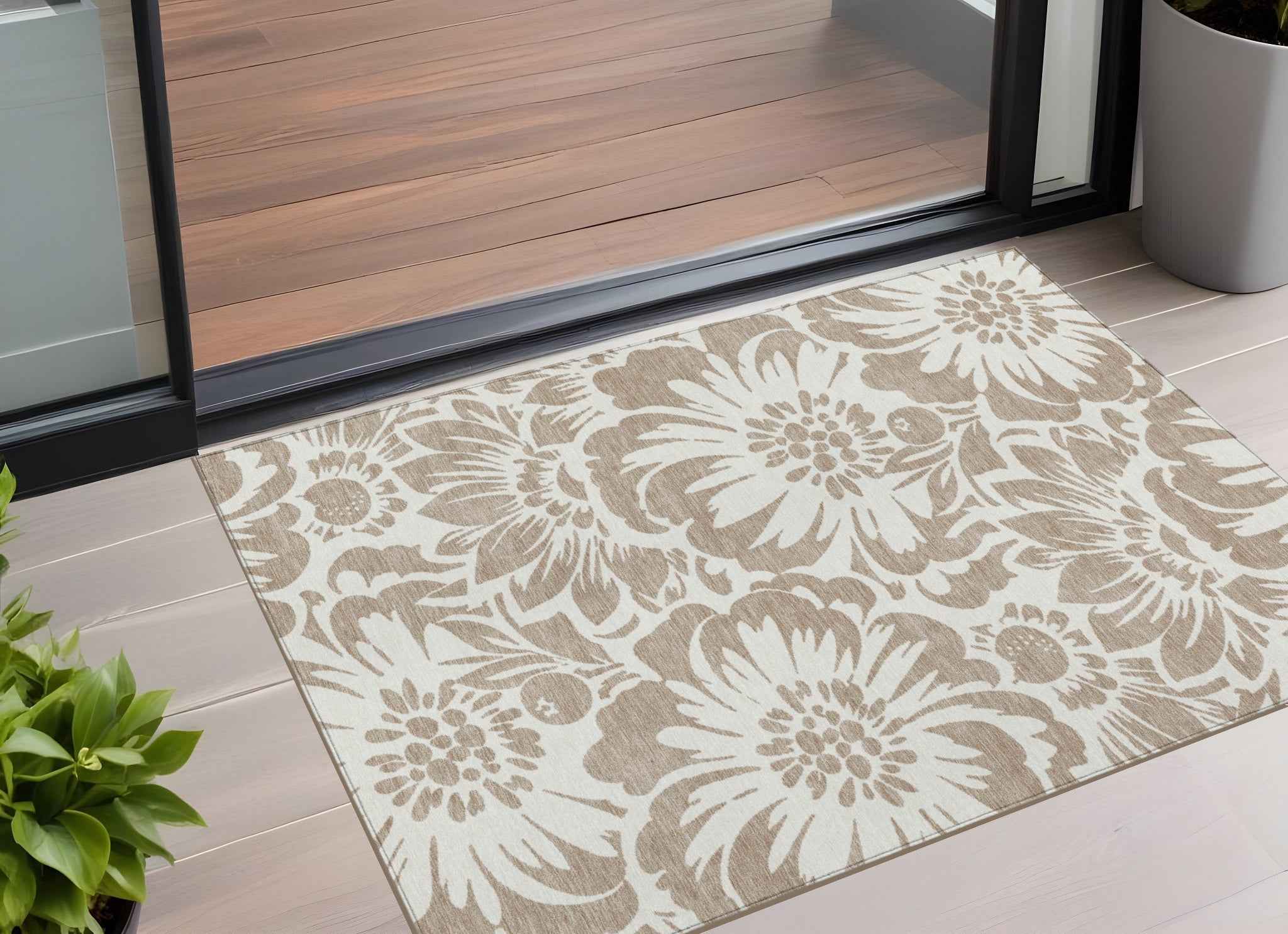 3' X 5' Taupe and Ivory Floral Washable Non Skid Indoor Outdoor Area Rug