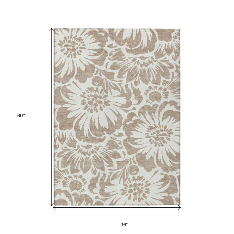 3' X 5' Taupe and Ivory Floral Washable Non Skid Indoor Outdoor Area Rug