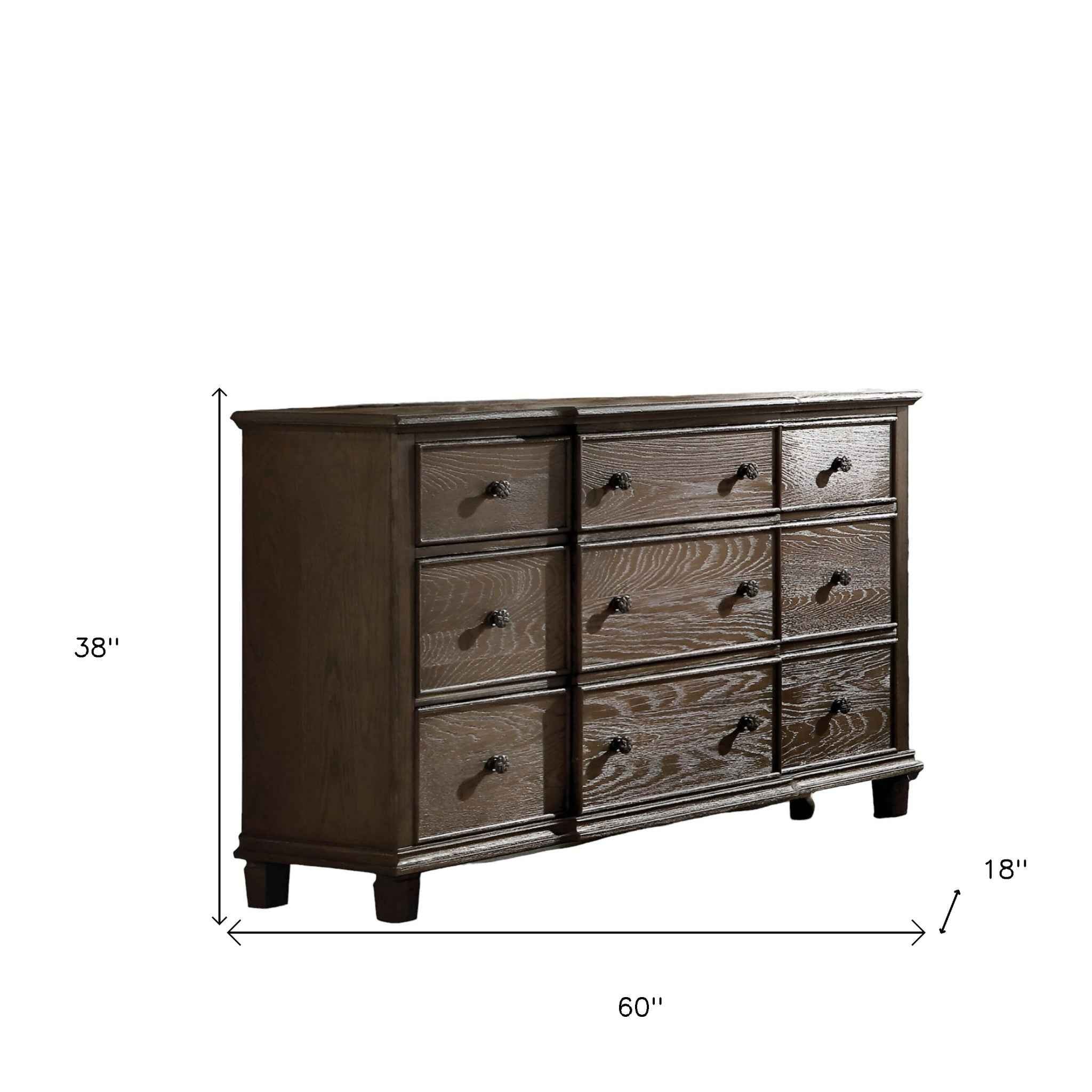 60" Dark Brown Solid Wood Nine Drawer Double Dresser