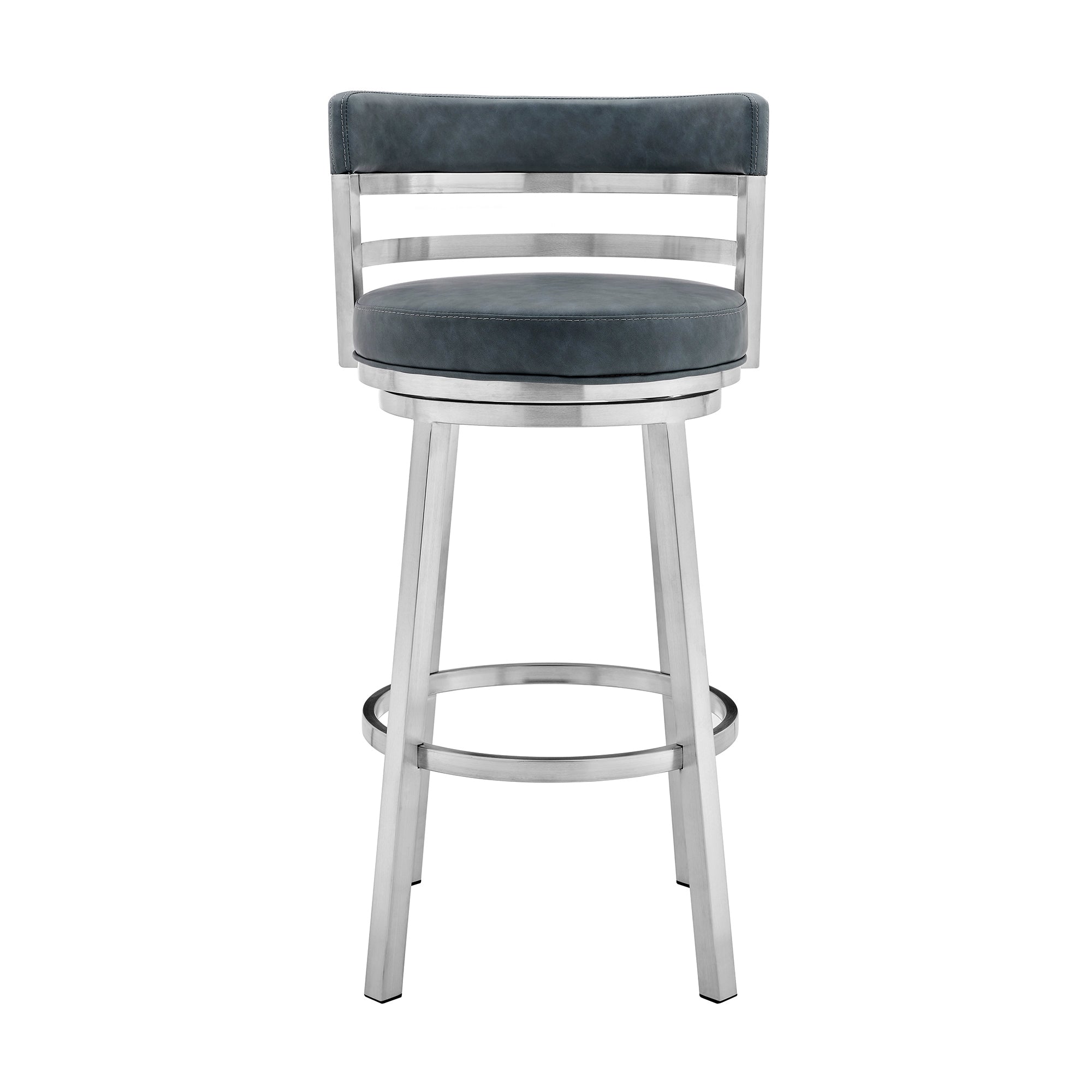 26" Blue And Silver Faux Leather And Fabric And Steel Low Back Counter Height Swivel Bar Chair - Living Room