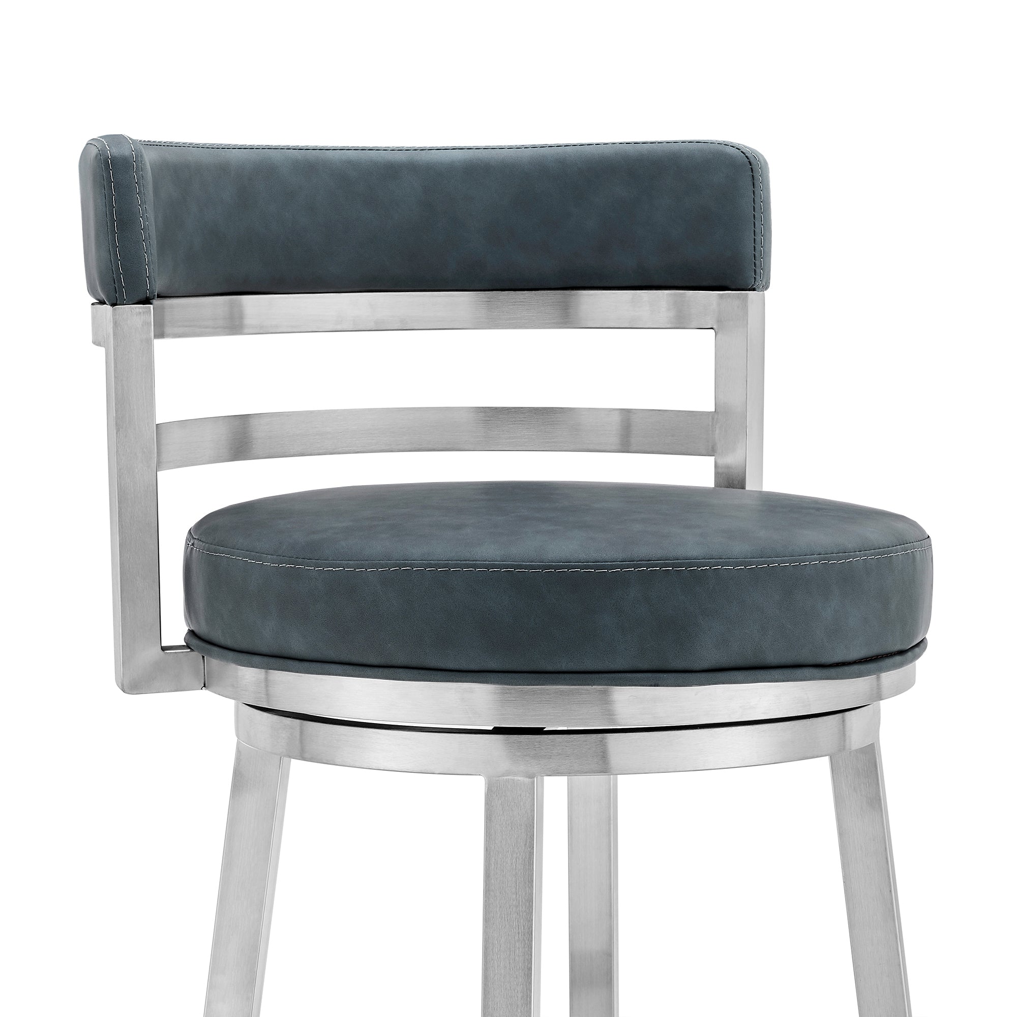 26" Blue And Silver Faux Leather And Fabric And Steel Low Back Counter Height Swivel Bar Chair - Living Room