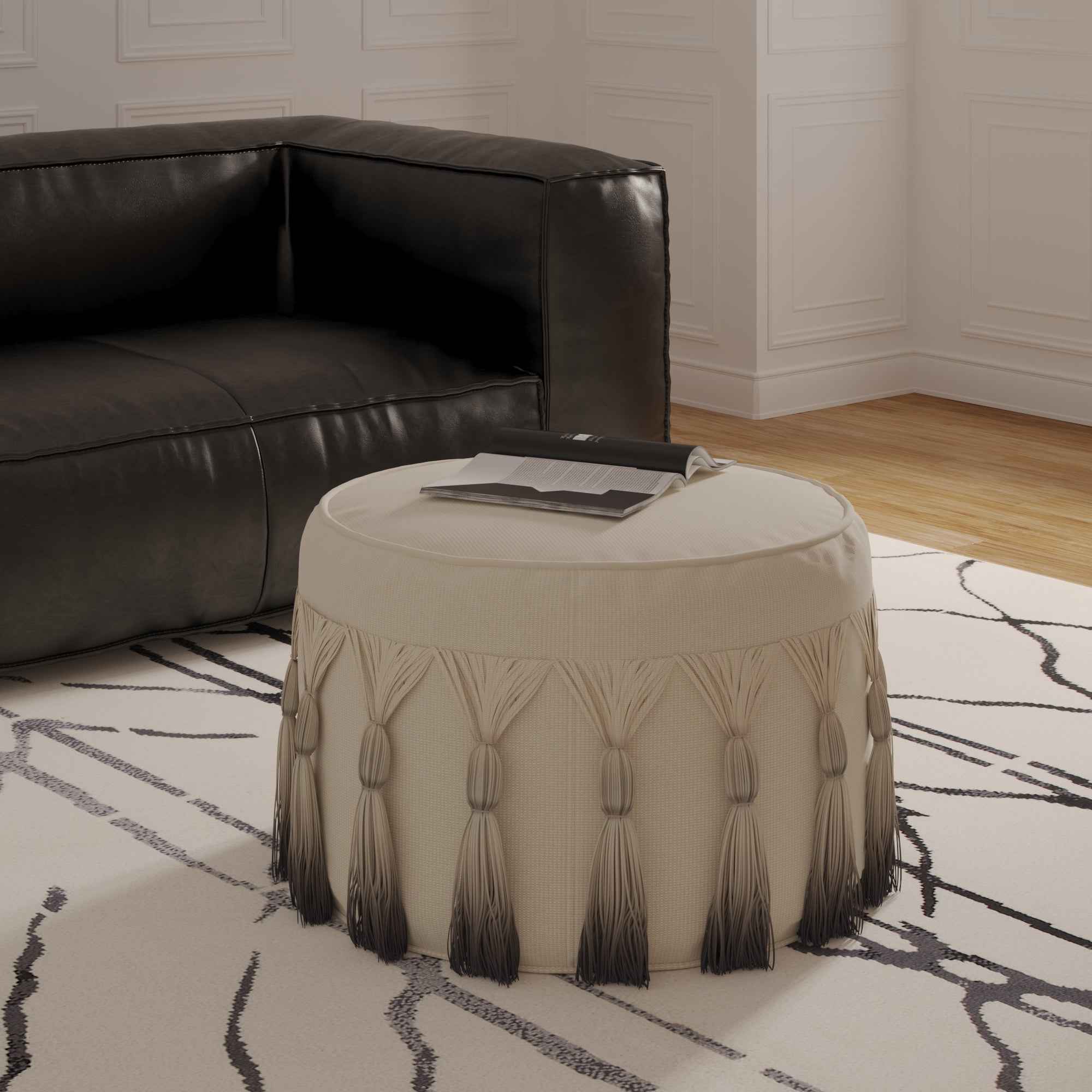 20" Beige Cotton Round Ombre Pouf Ottoman