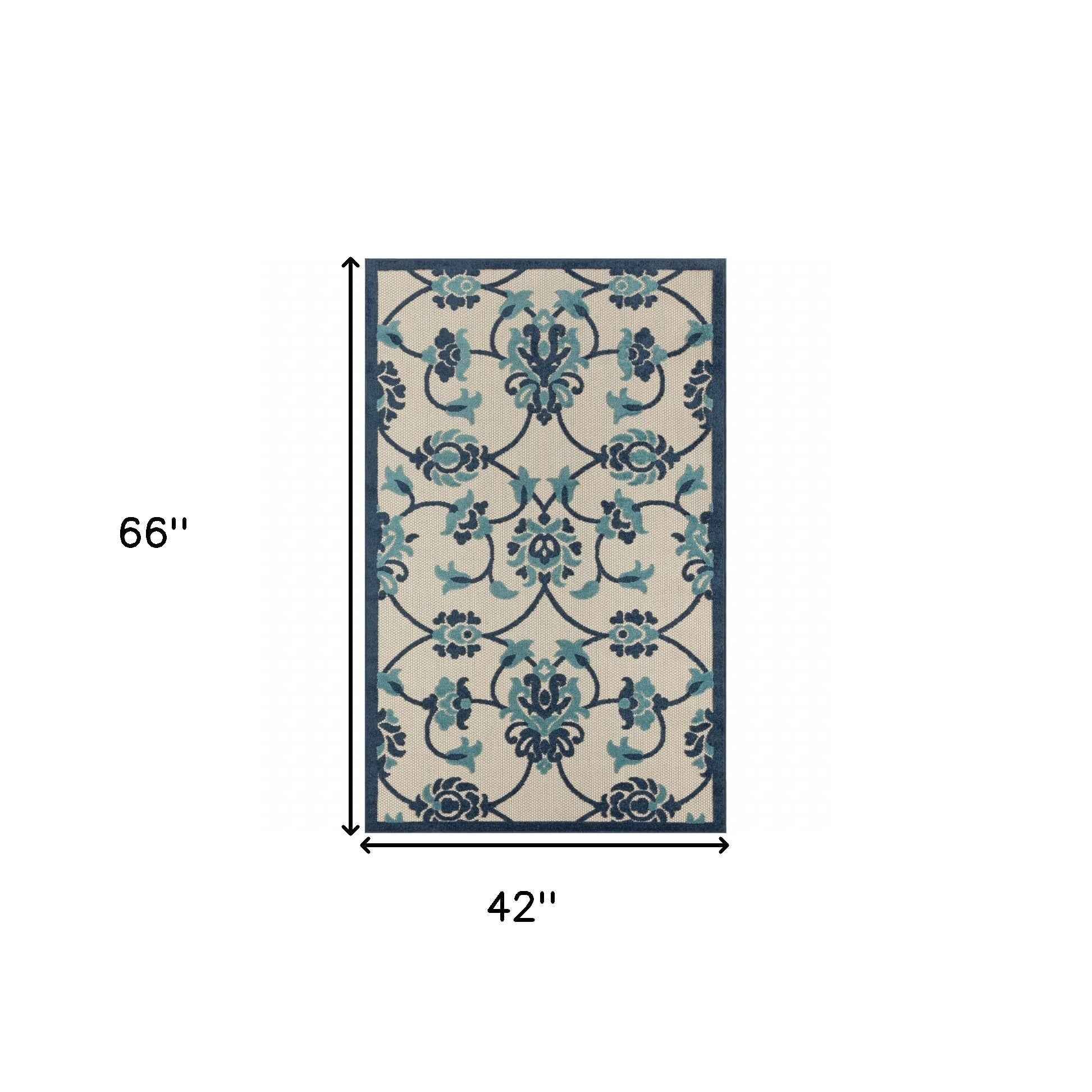 4' X 6' Blue Floral Non Skid Indoor Outdoor Area Rug
