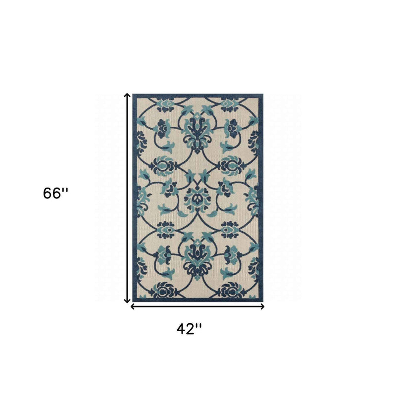 4' X 6' Blue Floral Non Skid Indoor Outdoor Area Rug