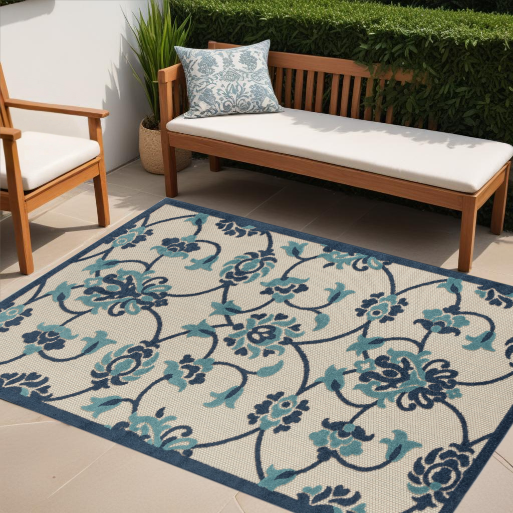 4' X 6' Blue Floral Non Skid Indoor Outdoor Area Rug