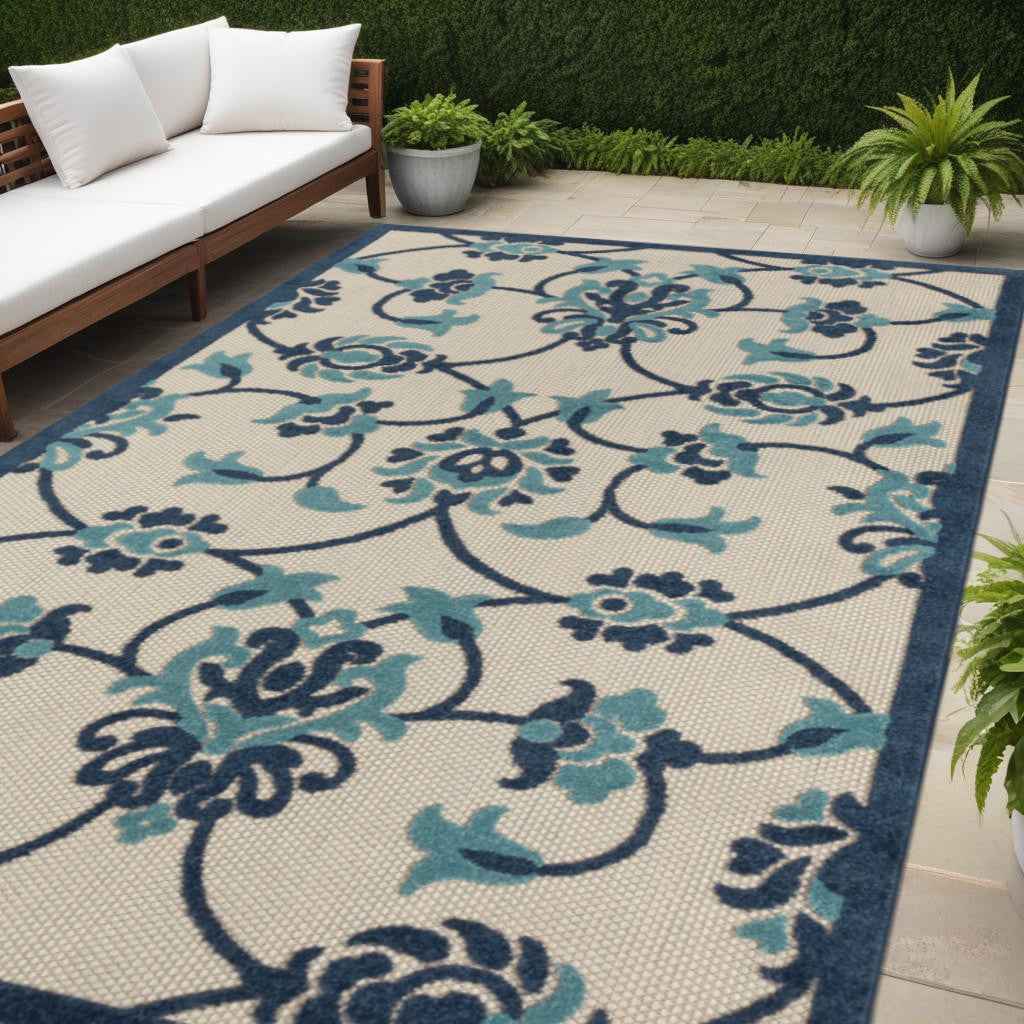 5' X 8' Blue Floral Non Skid Indoor Outdoor Area Rug