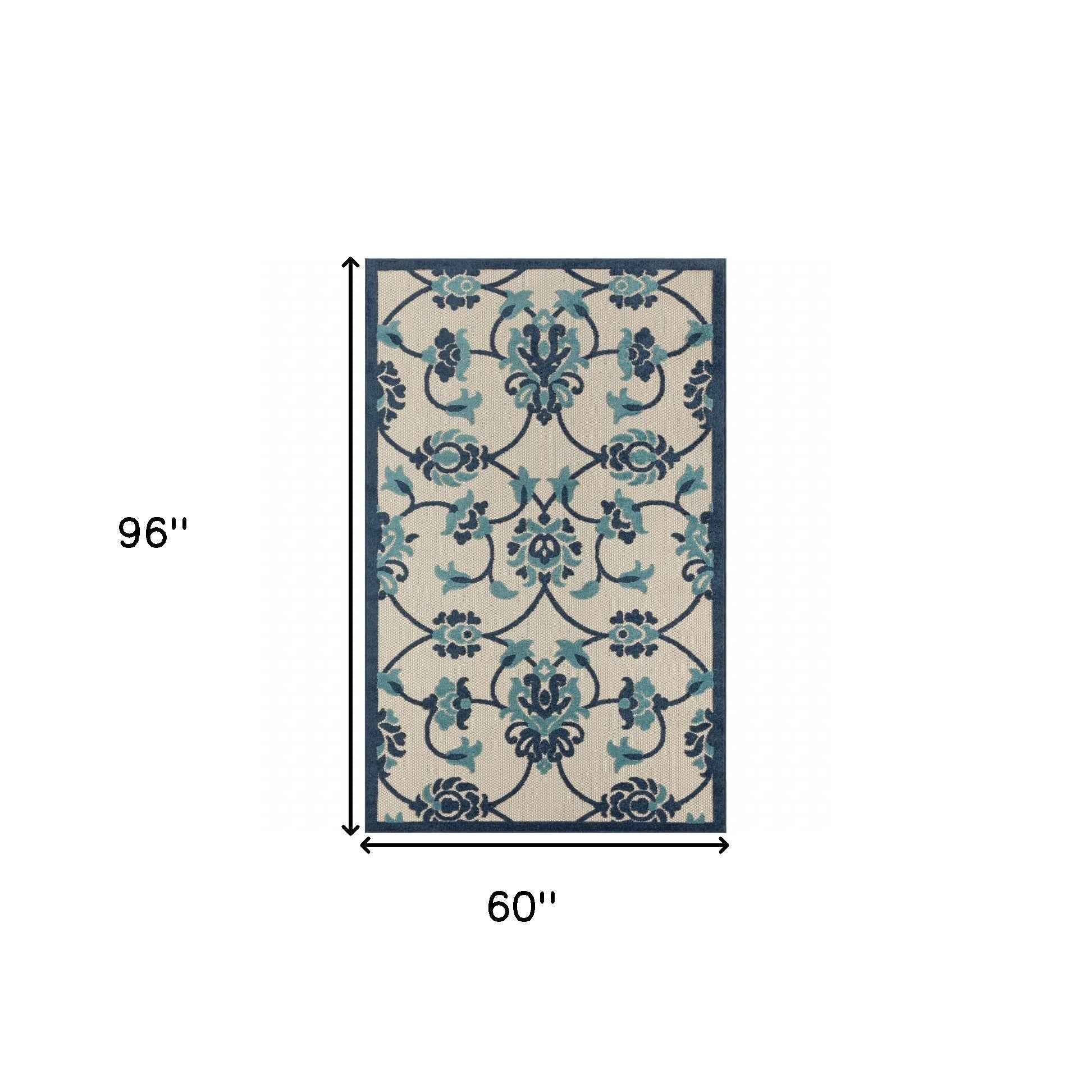 5' X 8' Blue Floral Non Skid Indoor Outdoor Area Rug