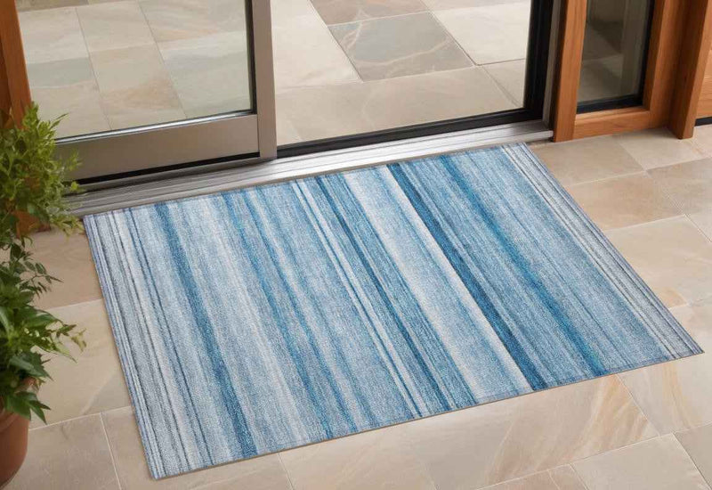 2' X 3' Blue Striped Washable Indoor Outdoor Area Rug