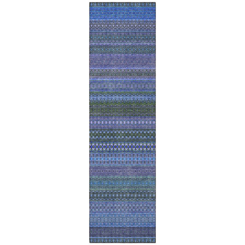 2' X 8' Blue and Green Striped Washable Indoor Outdoor Runner Rug