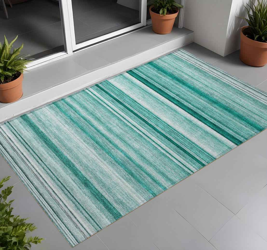 2' X 3' Aqua Striped Washable Indoor Outdoor Area Rug