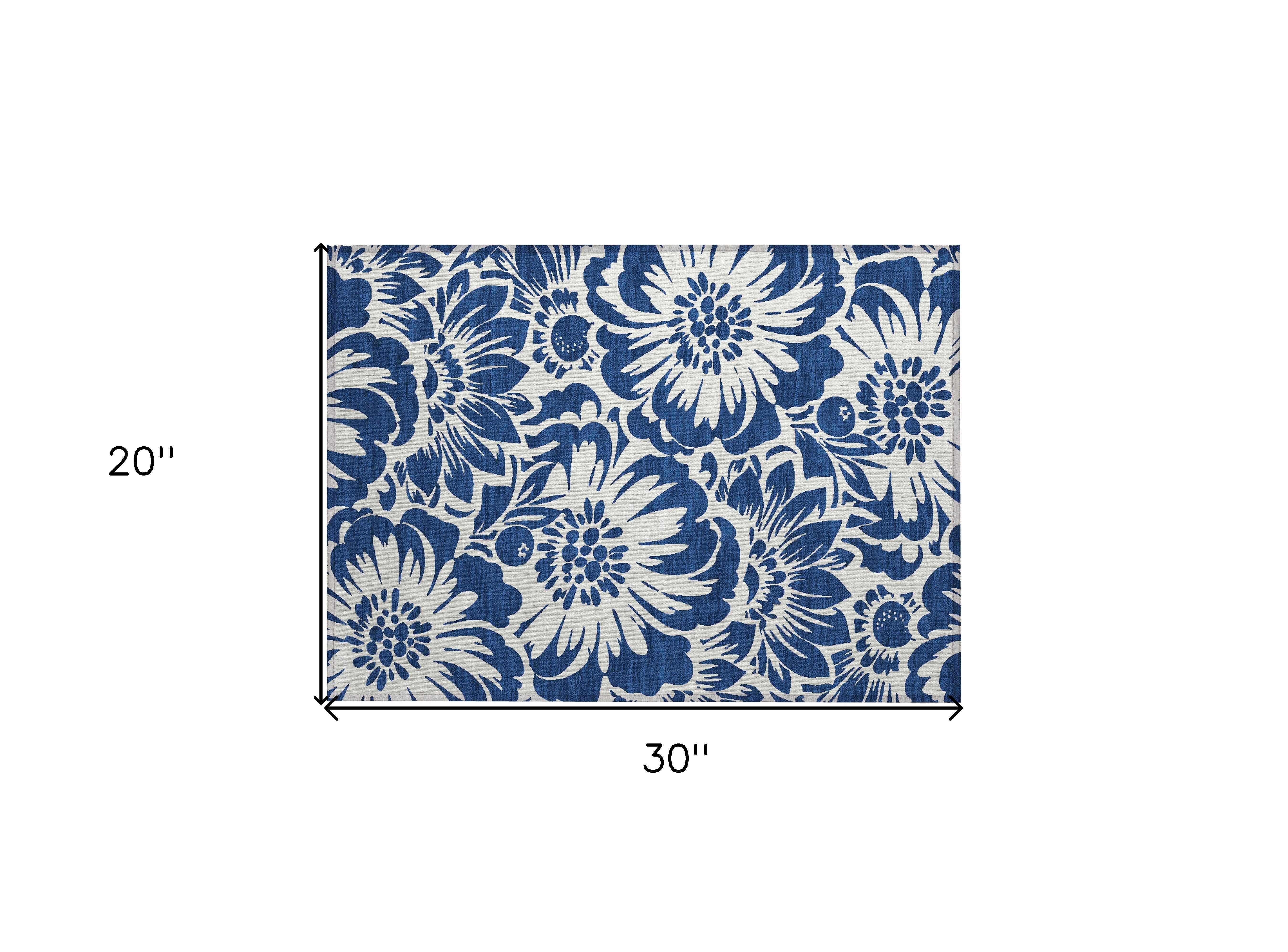 2' X 3' Navy and Ivory Floral Washable Non Skid Indoor Outdoor Area Rug