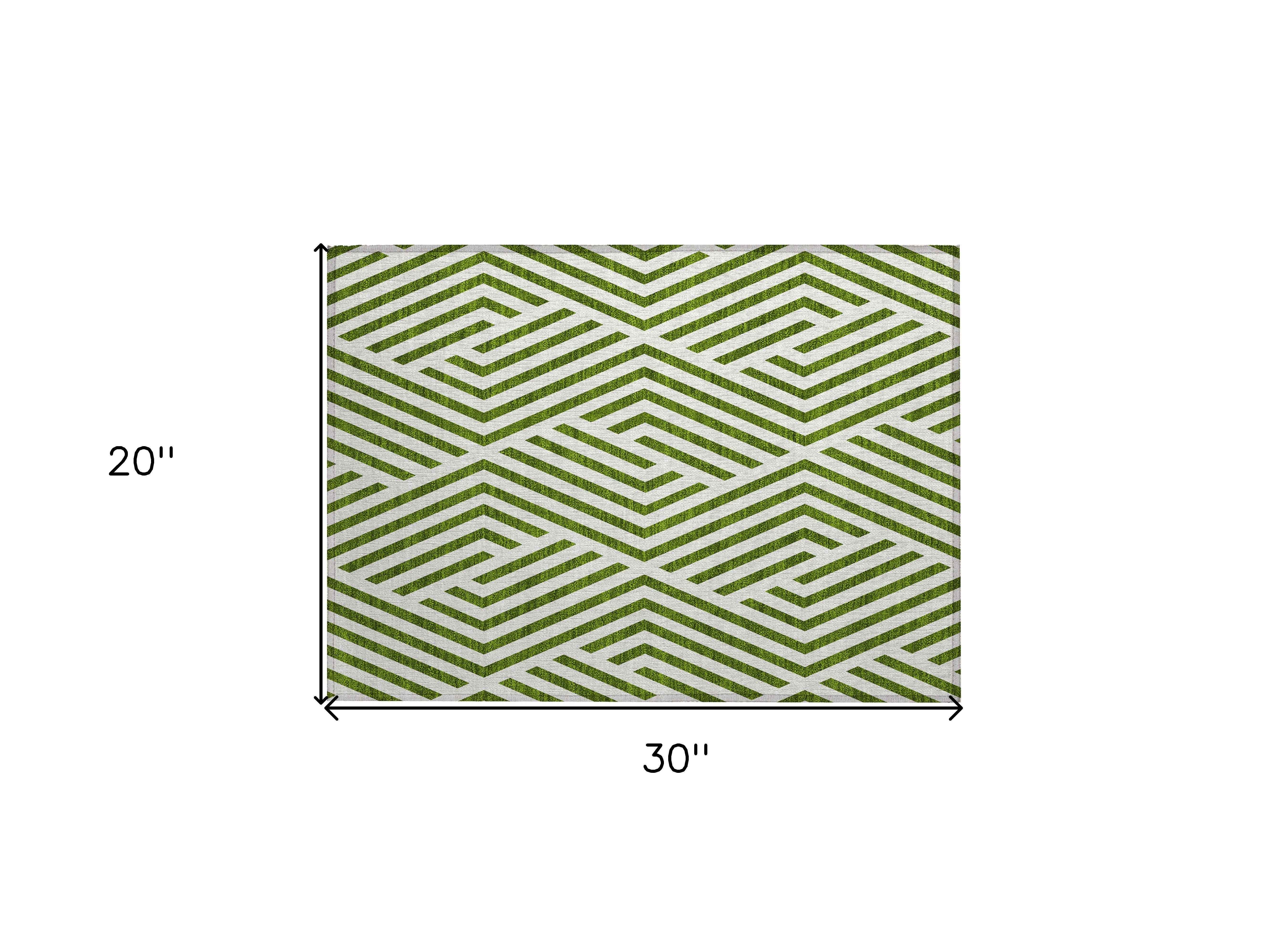 2' X 3' Lime Green and White Geometric Washable Non Skid Indoor Outdoor Area Rug