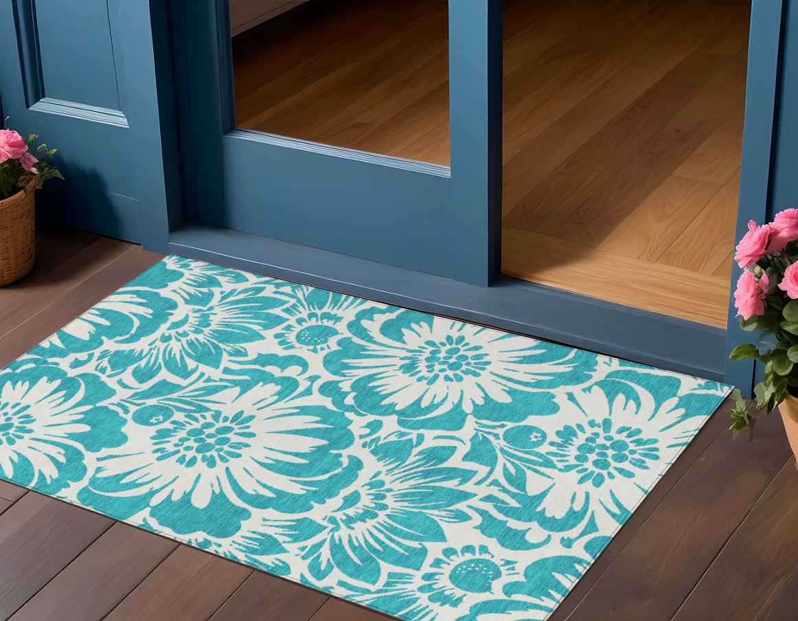 2' X 3' Teal and Ivory Floral Washable Non Skid Indoor Outdoor Area Rug