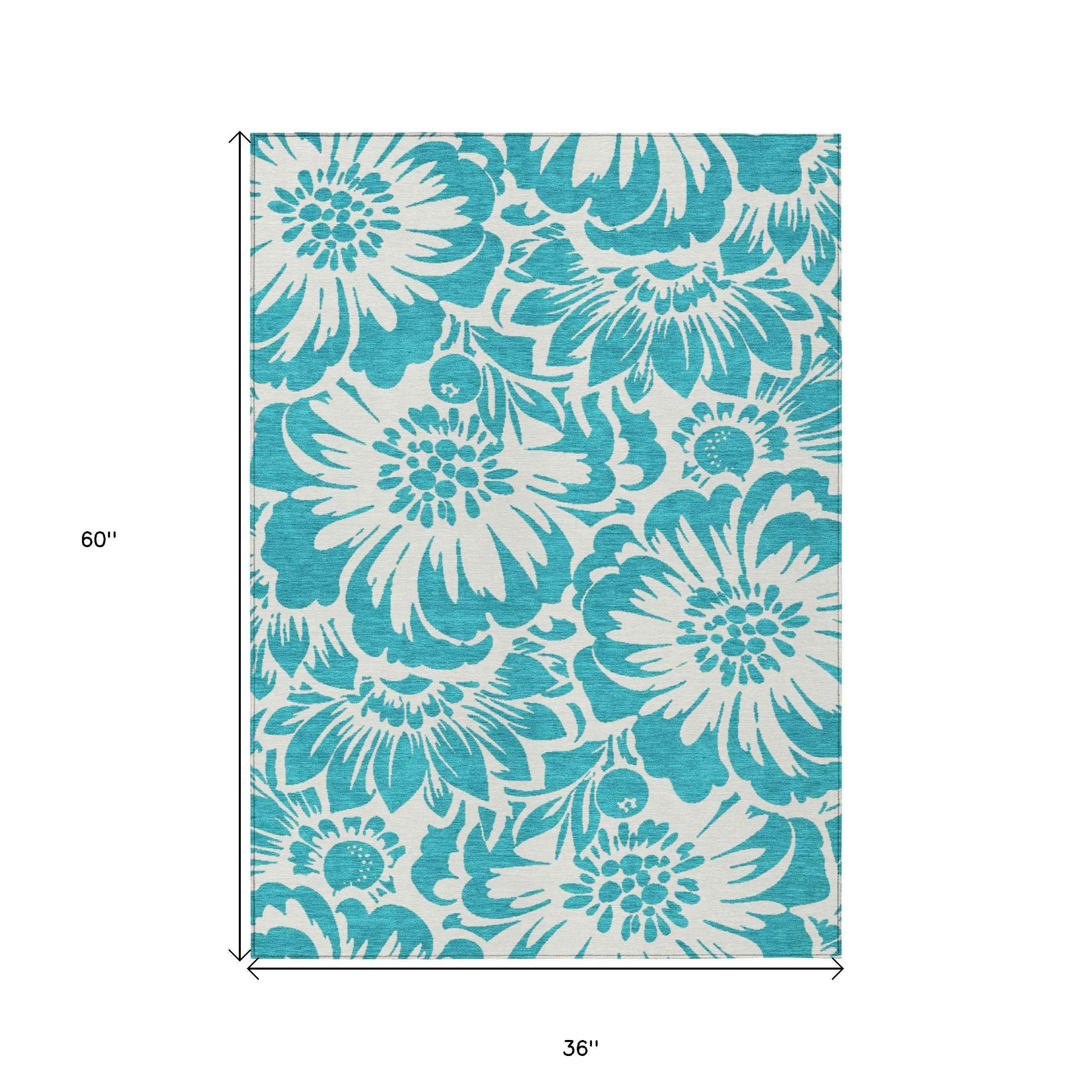 3' X 5' Teal and Ivory Floral Washable Non Skid Indoor Outdoor Area Rug