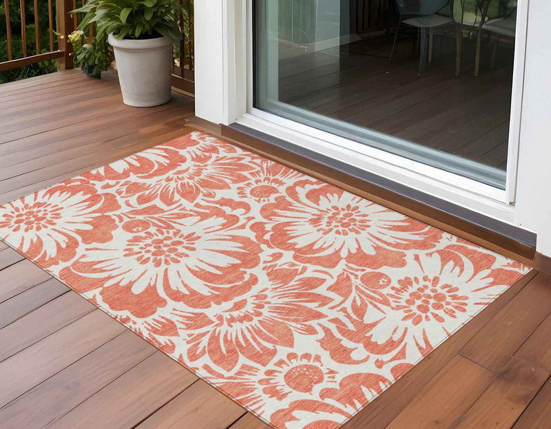 3' X 5' Salmon and Ivory Floral Washable Non Skid Indoor Outdoor Area Rug