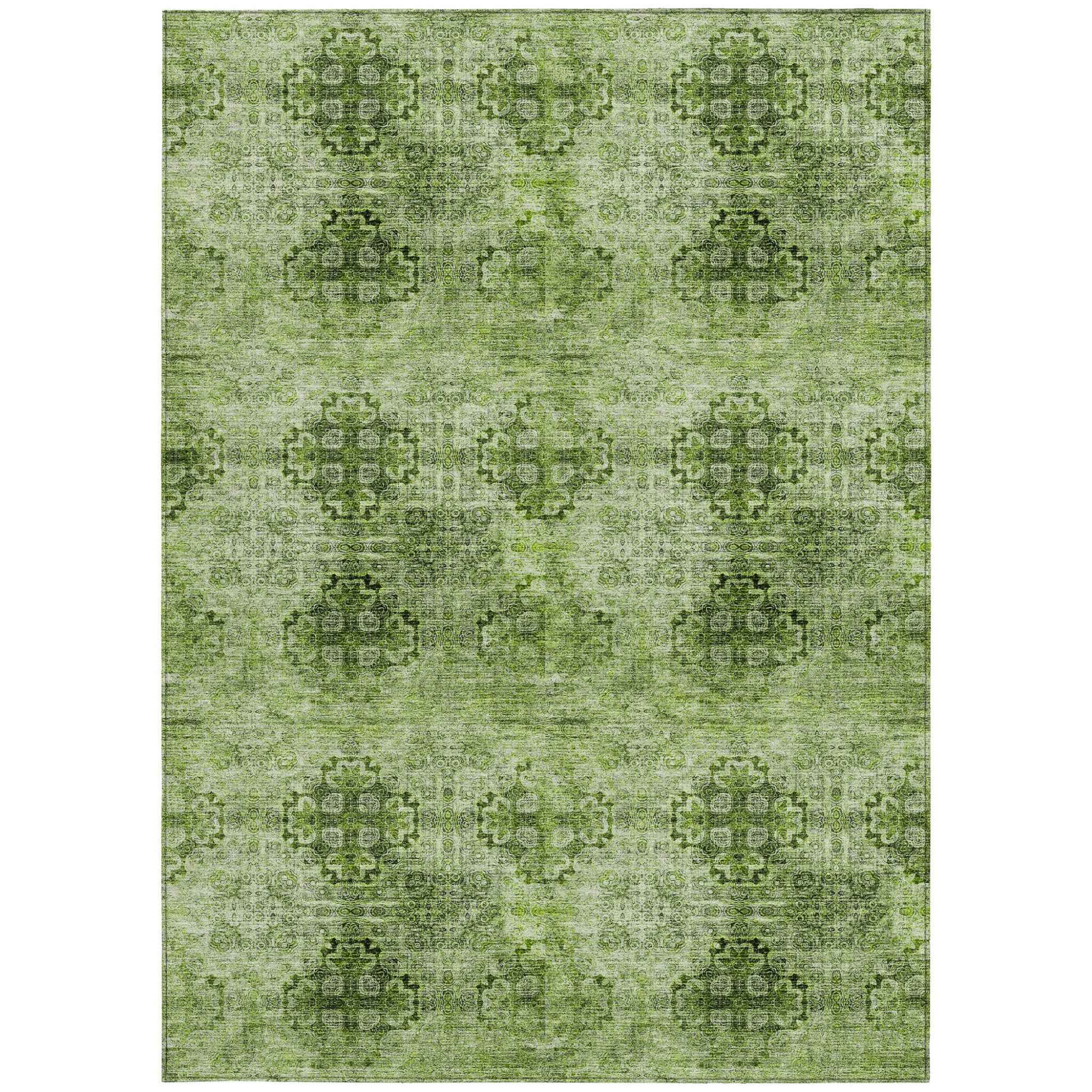 3' X 5' Olive Green Floral Medallion Washable Non Skid Indoor Outdoor Area Rug