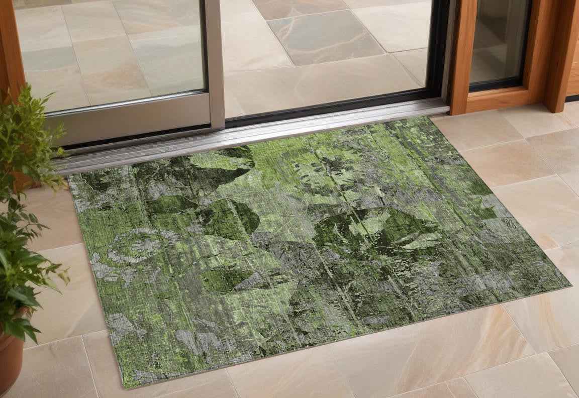 3' X 5' Green and Gray Abstract Washable Indoor Outdoor Area Rug