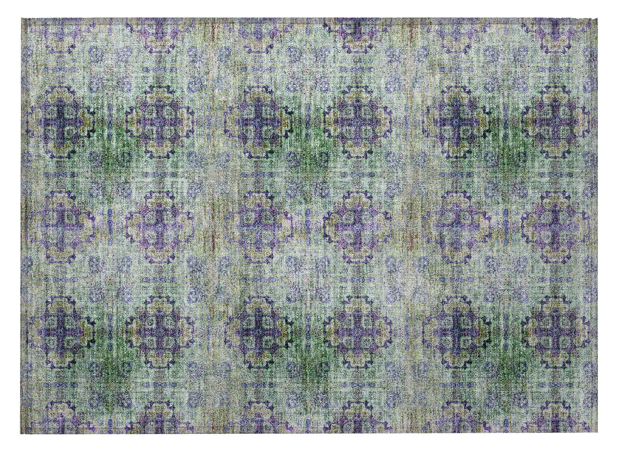 2' X 3' Purple and Green Floral Medallion Washable Non Skid Indoor Outdoor Area Rug