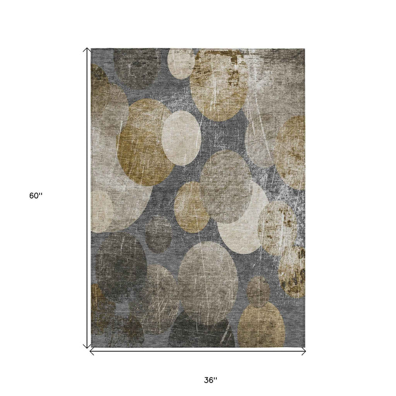 3' X 5' Brown Beige and Ivory Abstract Washable Non Skid Indoor Outdoor Area Rug