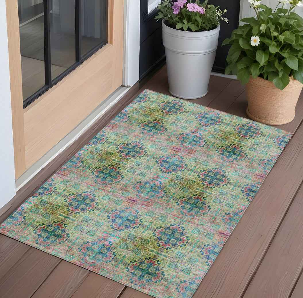 2' X 3' Blue and Green Floral Medallion Washable Non Skid Indoor Outdoor Area Rug