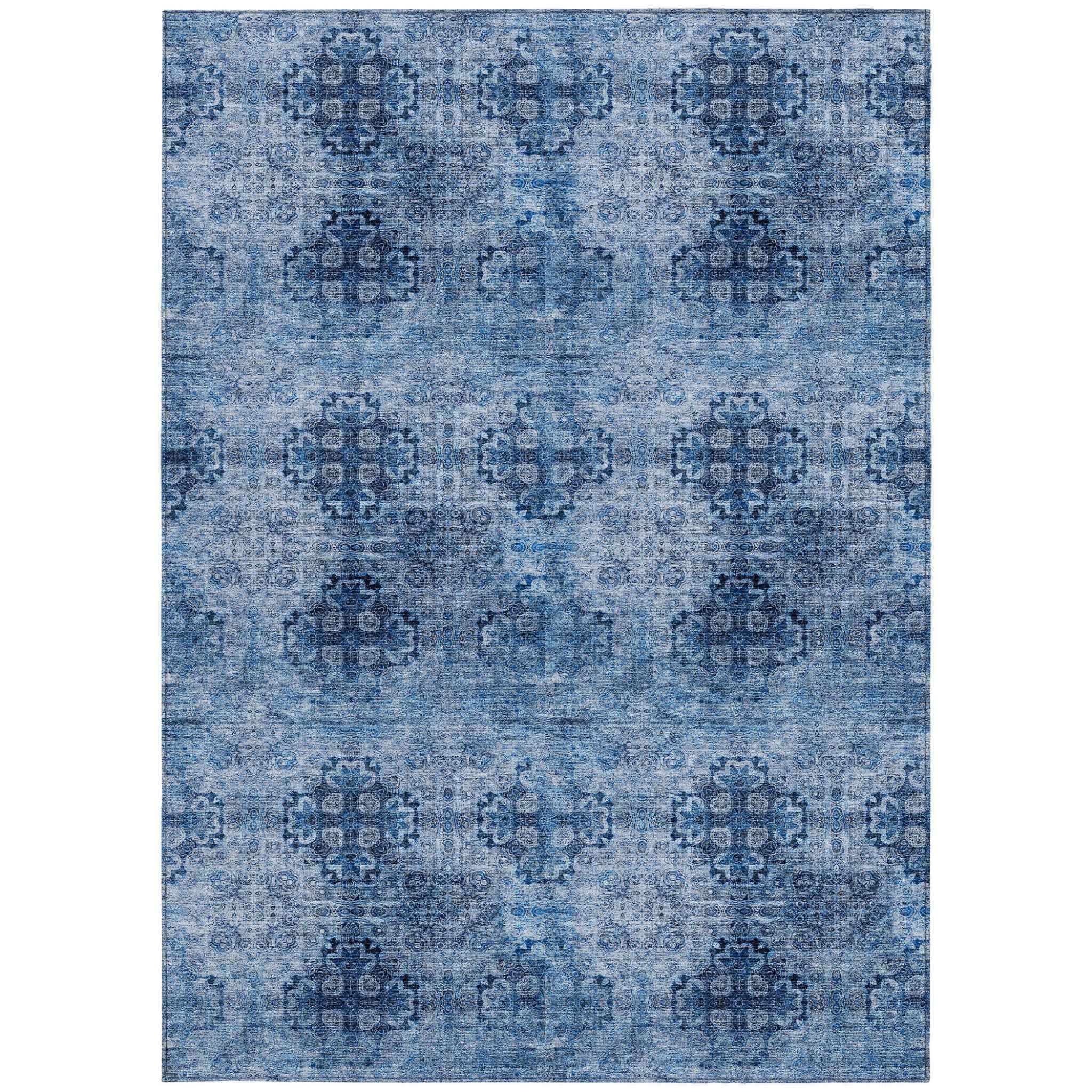 3' X 5' Navy Blue Floral Medallion Washable Non Skid Indoor Outdoor Area Rug
