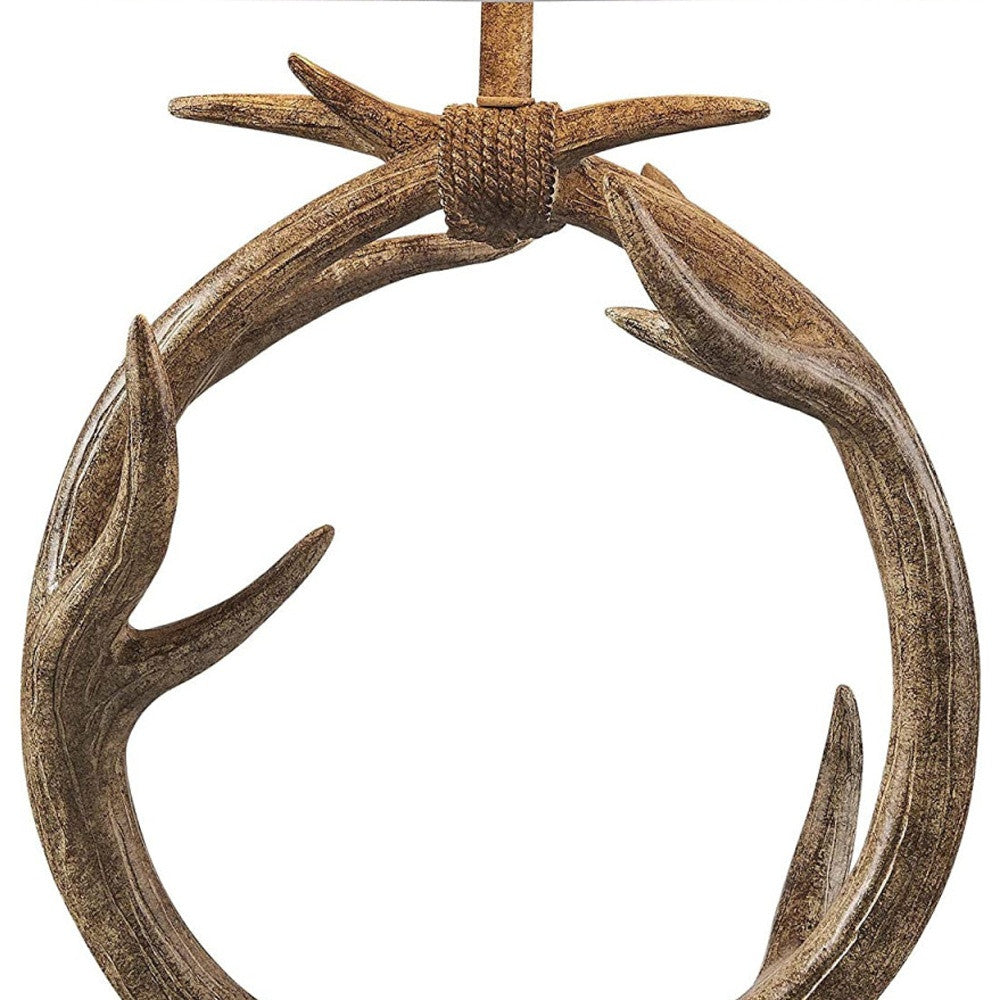27" Brown Rustic Faux Antlers Table Lamp With White Drum Shade - Lighting