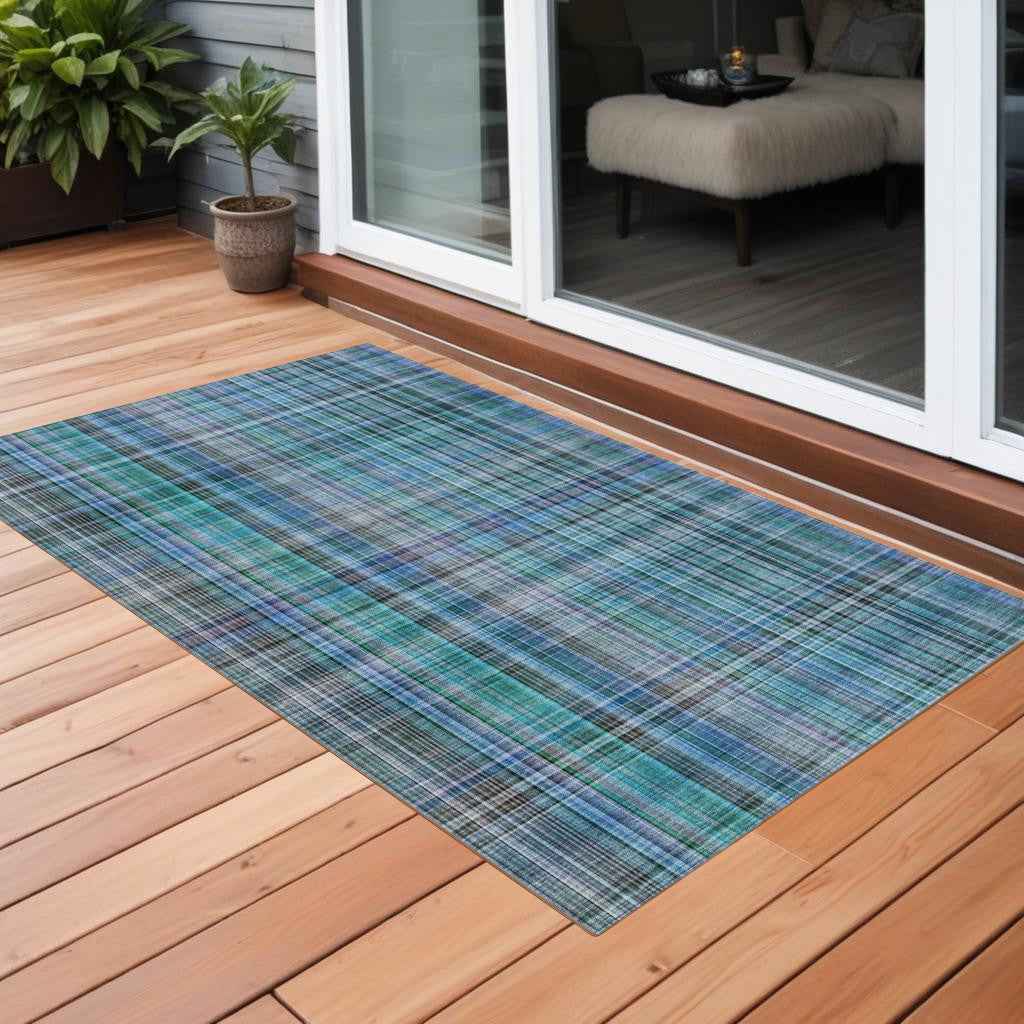 2' X 3' Blue Teal and Gray Plaid Washable Non Skid Indoor Outdoor Area Rug