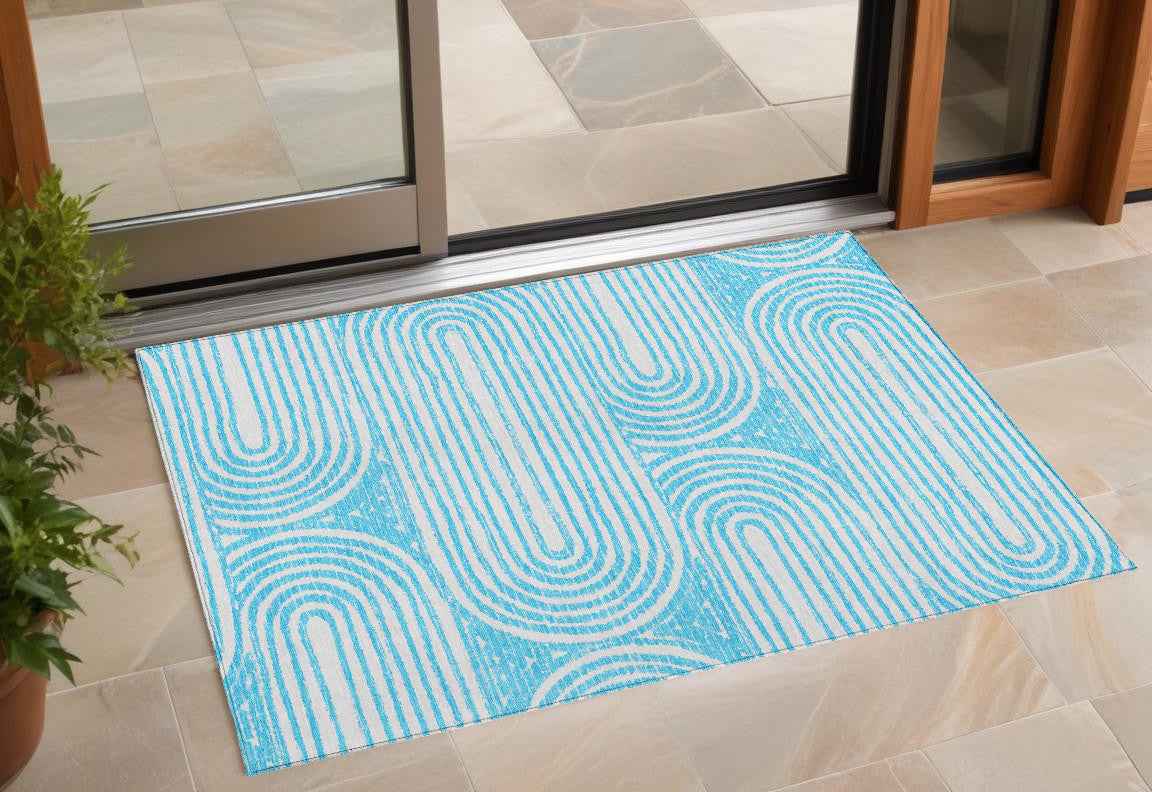 2' X 3' Teal and White Abstract Washable Non Skid Indoor Outdoor Area Rug