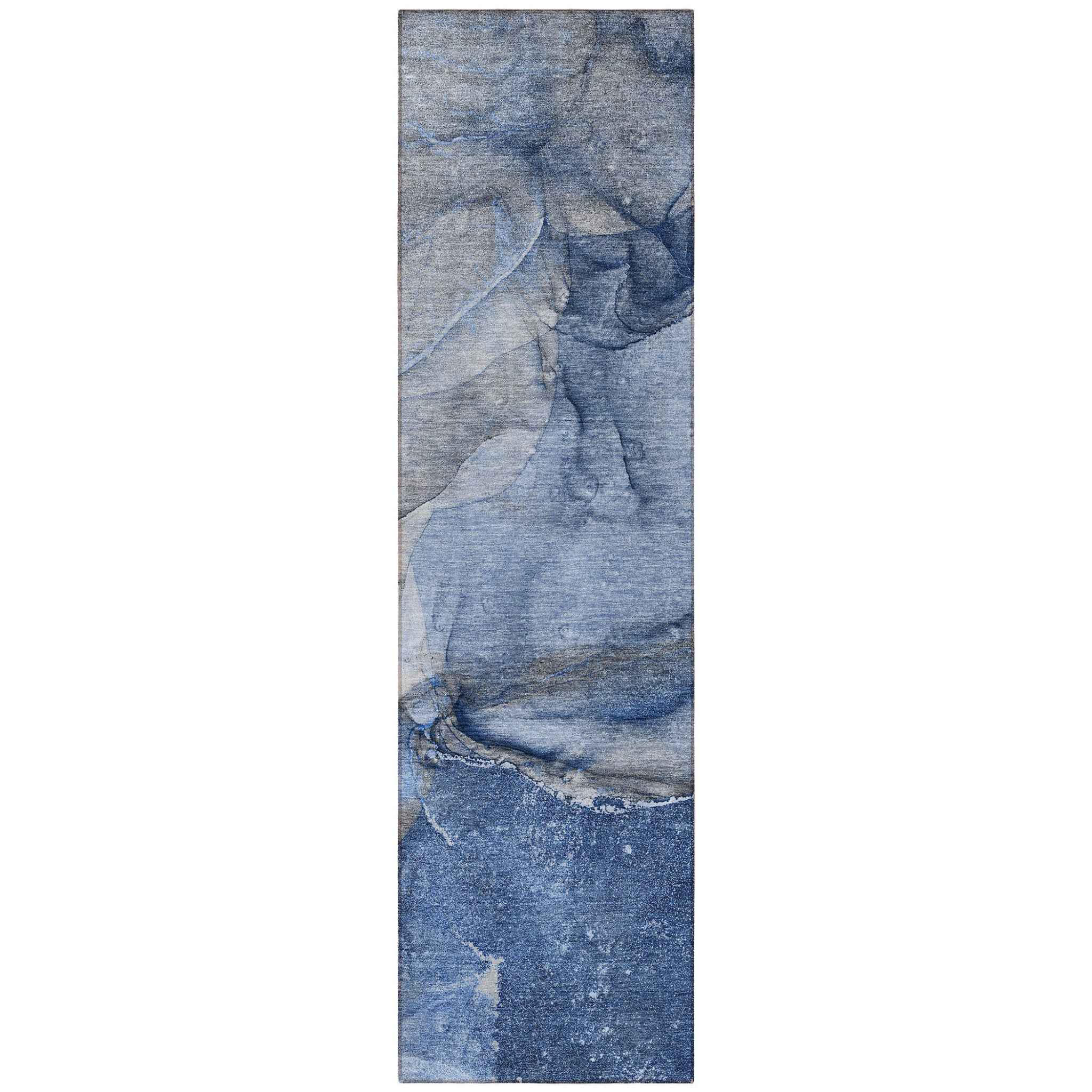 2' X 8' Navy Blue Abstract Washable Indoor Outdoor Runner Rug