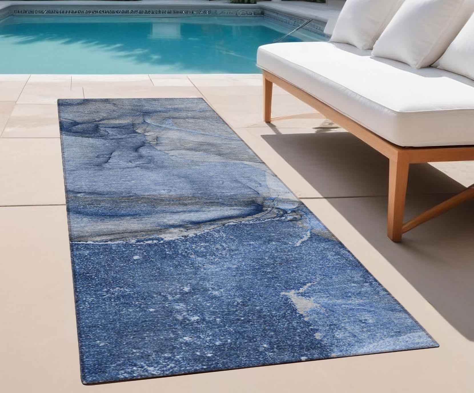 2' X 8' Navy Blue Abstract Washable Indoor Outdoor Runner Rug