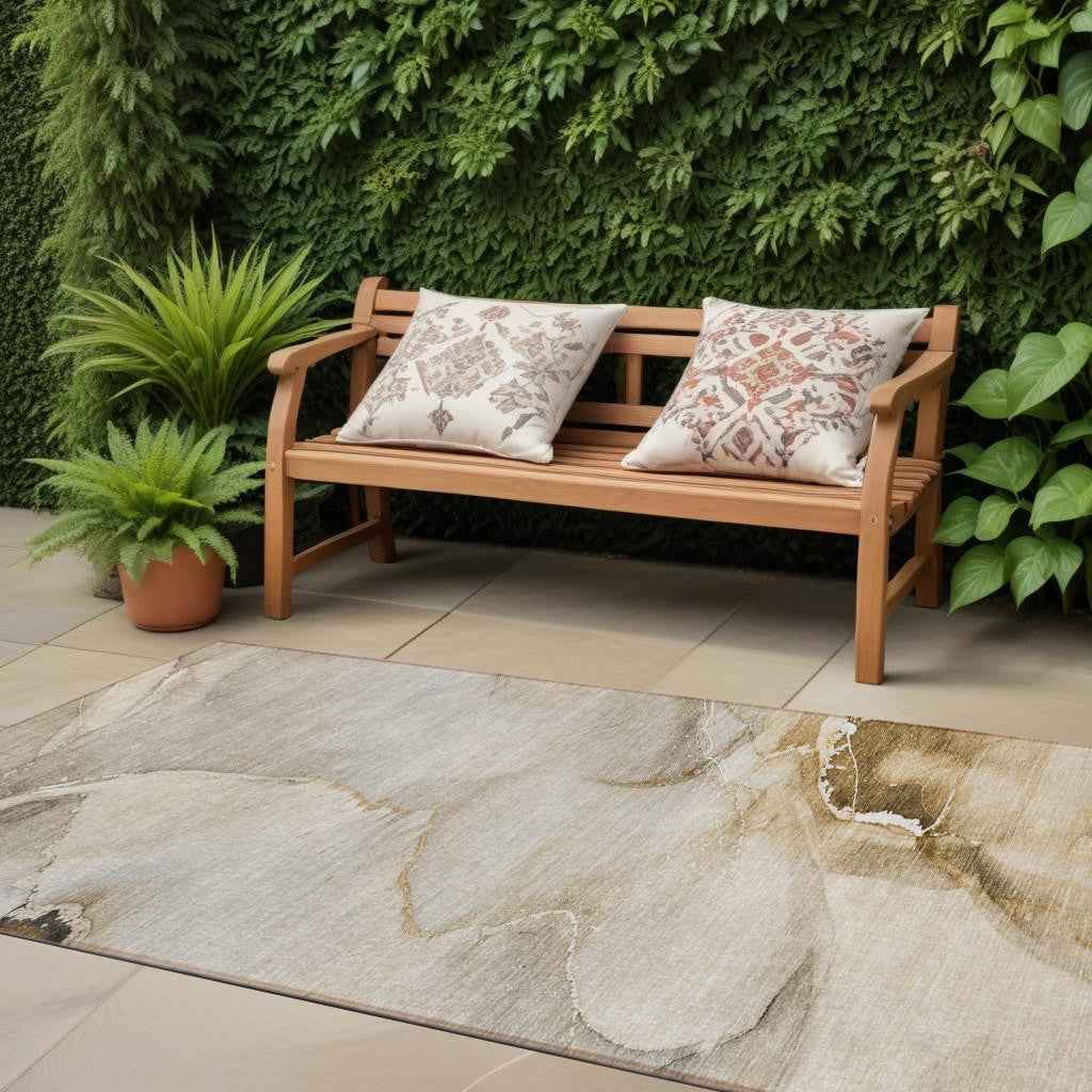 2' X 8' Beige and Brown Abstract Washable Indoor Outdoor Runner Rug