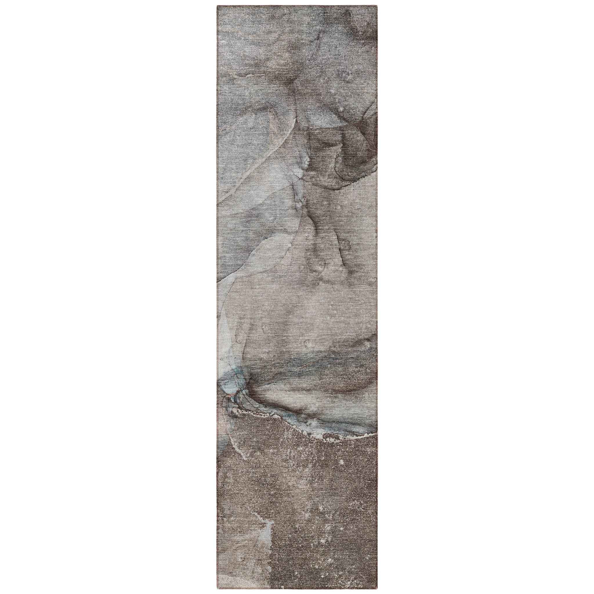 2' X 8' Taupe Abstract Washable Indoor Outdoor Runner Rug