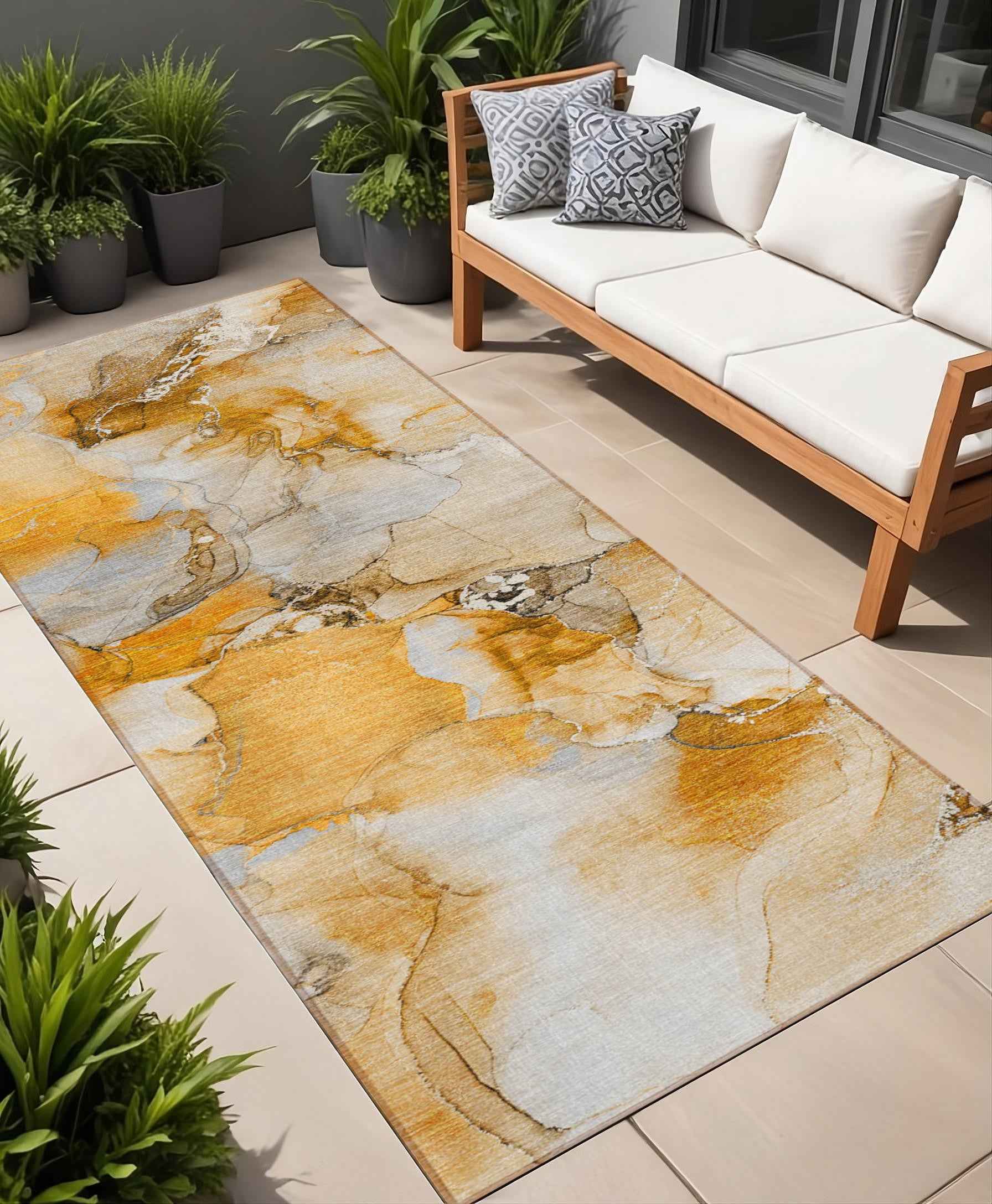 2' X 8' Orange and Ivory Abstract Washable Indoor Outdoor Runner Rug