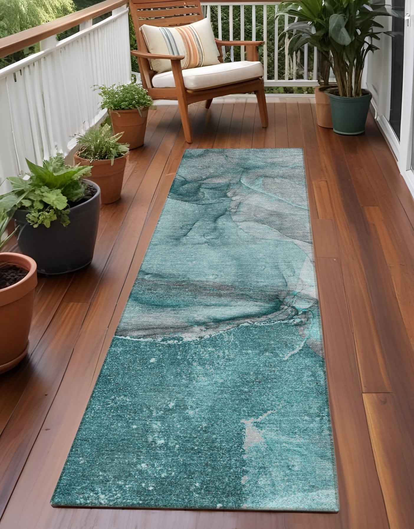 2' X 8' Teal Abstract Washable Indoor Outdoor Runner Rug