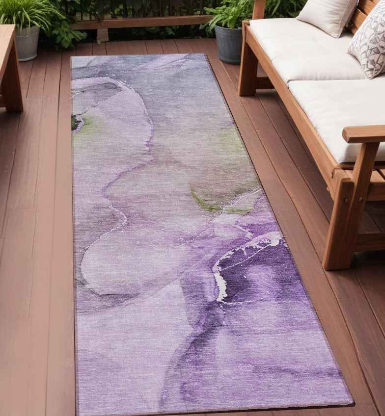 2' X 8' Purple Abstract Washable Indoor Outdoor Runner Rug